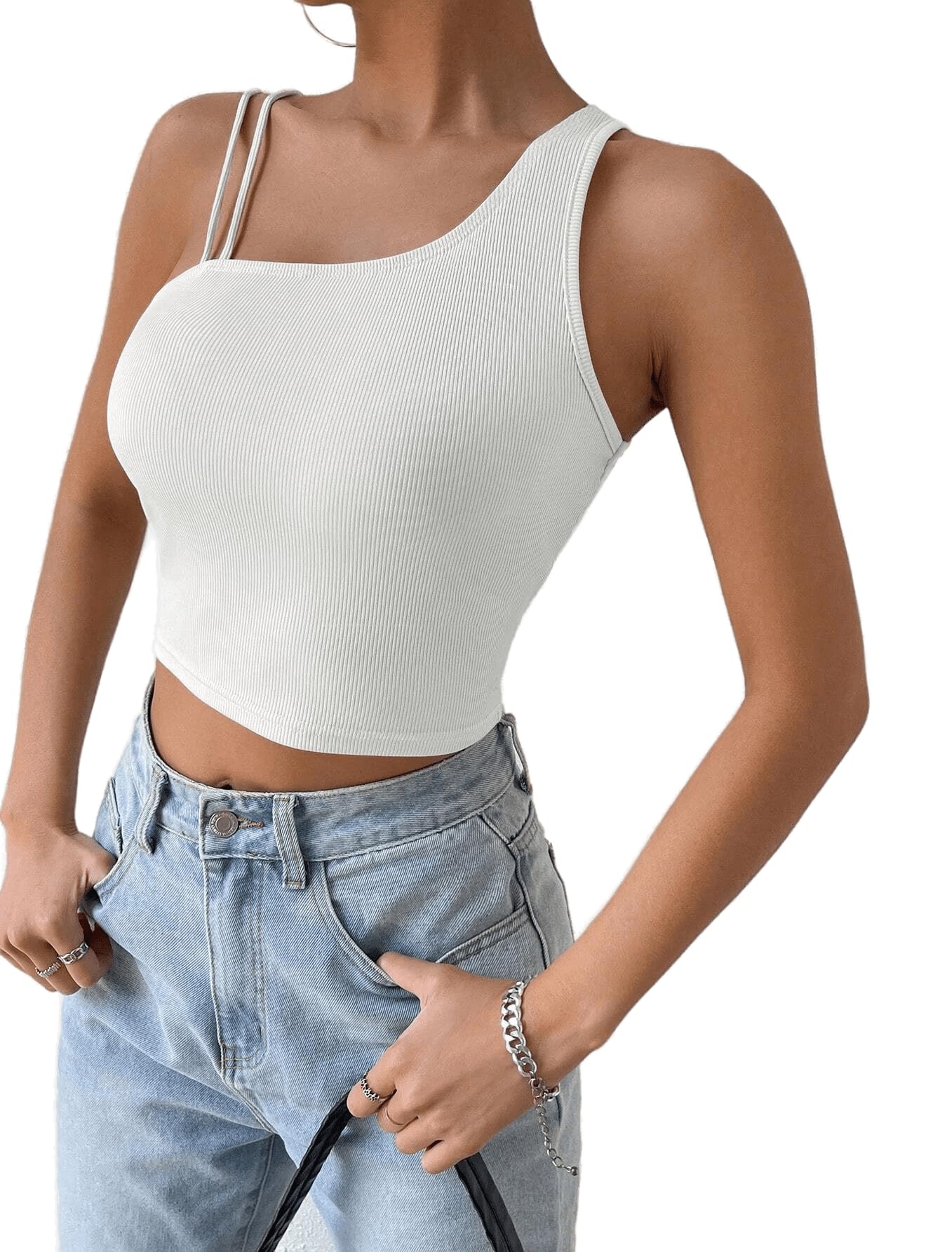 classy fashion Easywear Rib Knit Asymmetrical Neck Solid Crop Top for Women | Lightweight Relaxed Fit | Casual Wear | Women Dress Stylish-picture-1