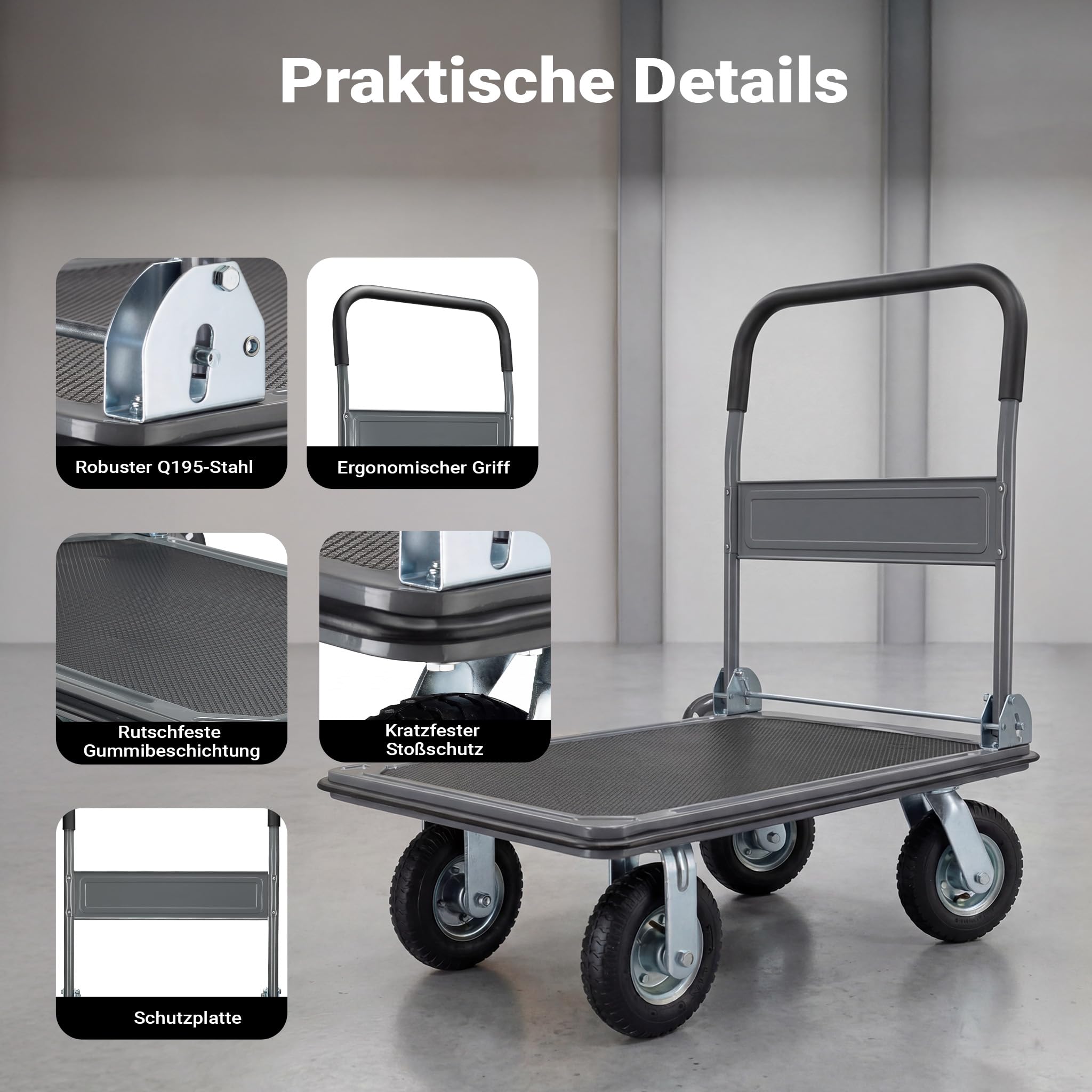Wiltec Wózek transportowy platformowy 300 kg, składany wózek magazynowy 895x610x985 mm, ręczny wózek z pompowanymi kołami i antypoślizgową platformą