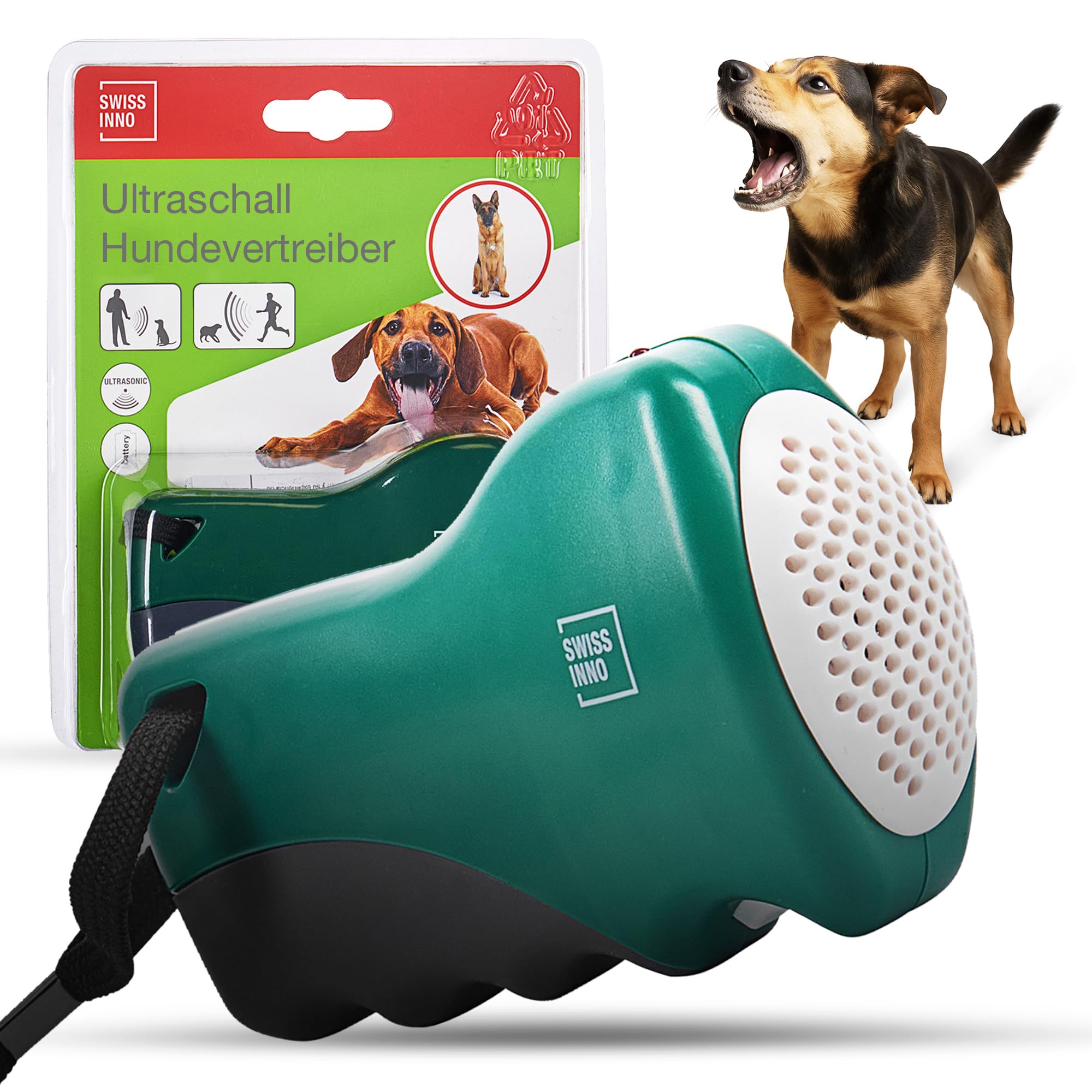 SWISSINNO Hundevertreiber Ultraschall – Handgerät mit bis zu 12 m Reichweite – Batteriebetrieb für mobilen Einsatz beim Joggen Radfahren Spaziergehen oder zur Unterstützung beim Hundetraining