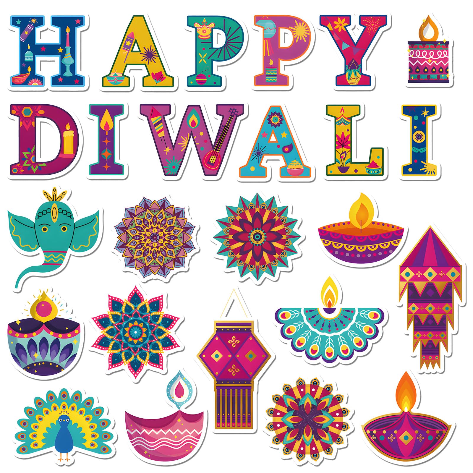 Fogcosy Multicolor 25Pcs Happy Diwali Cutouts Decorations Set - Elephants Peacocks Diyas Lanterns Motifs With 30 Dots Stickers, Divali Party Decoration Supplies For Festival Party Wall Door Window