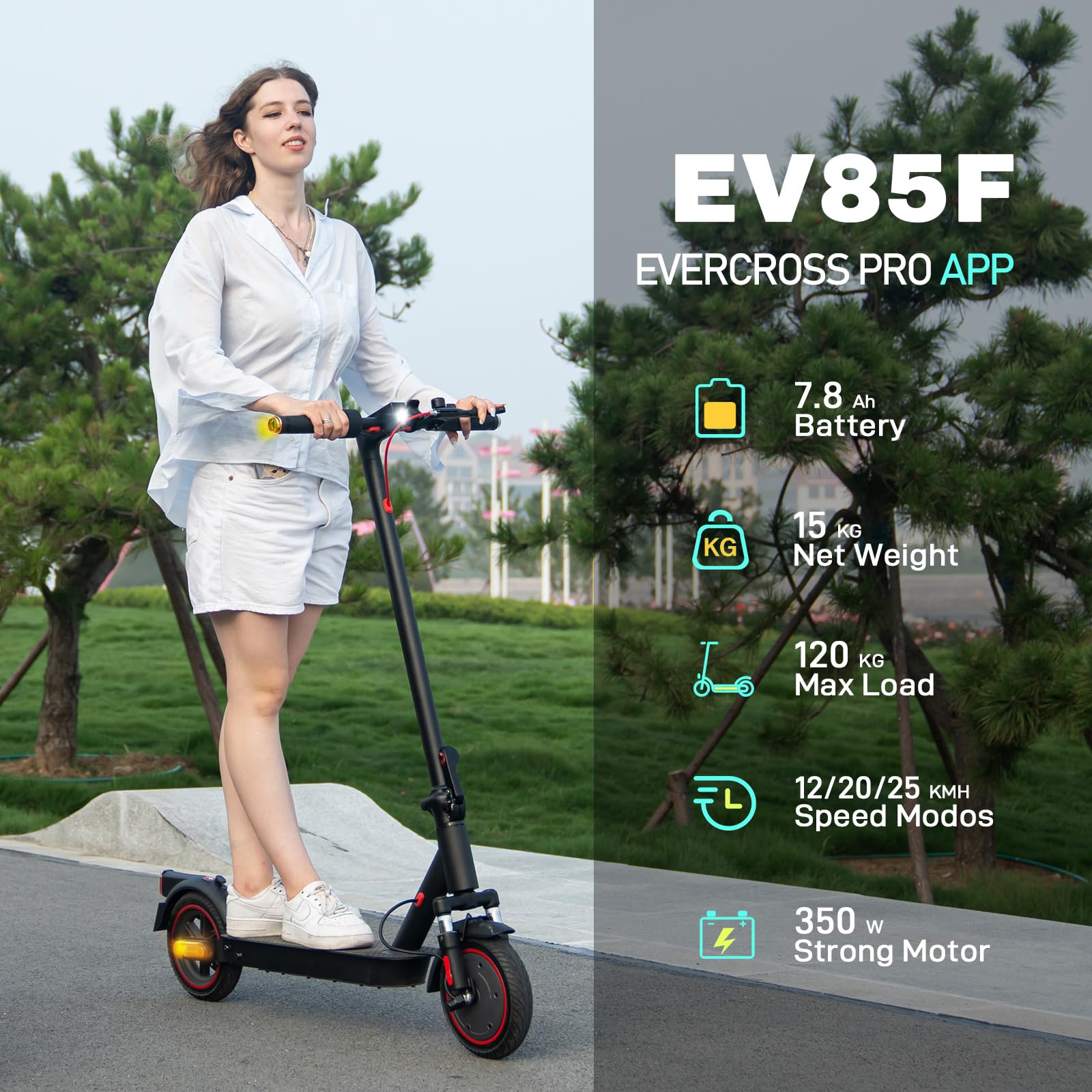 EVERCROSS EV85F Monopattino Elettrico Adulto, 8,5'' Scooter Elettrico Pieghevole - APP, Motore da 350W, Batteria da 7,8AH, Peso di 15KG, Carico Massimo 120KG, Doppio Freno, Doppio Ammortizzatore