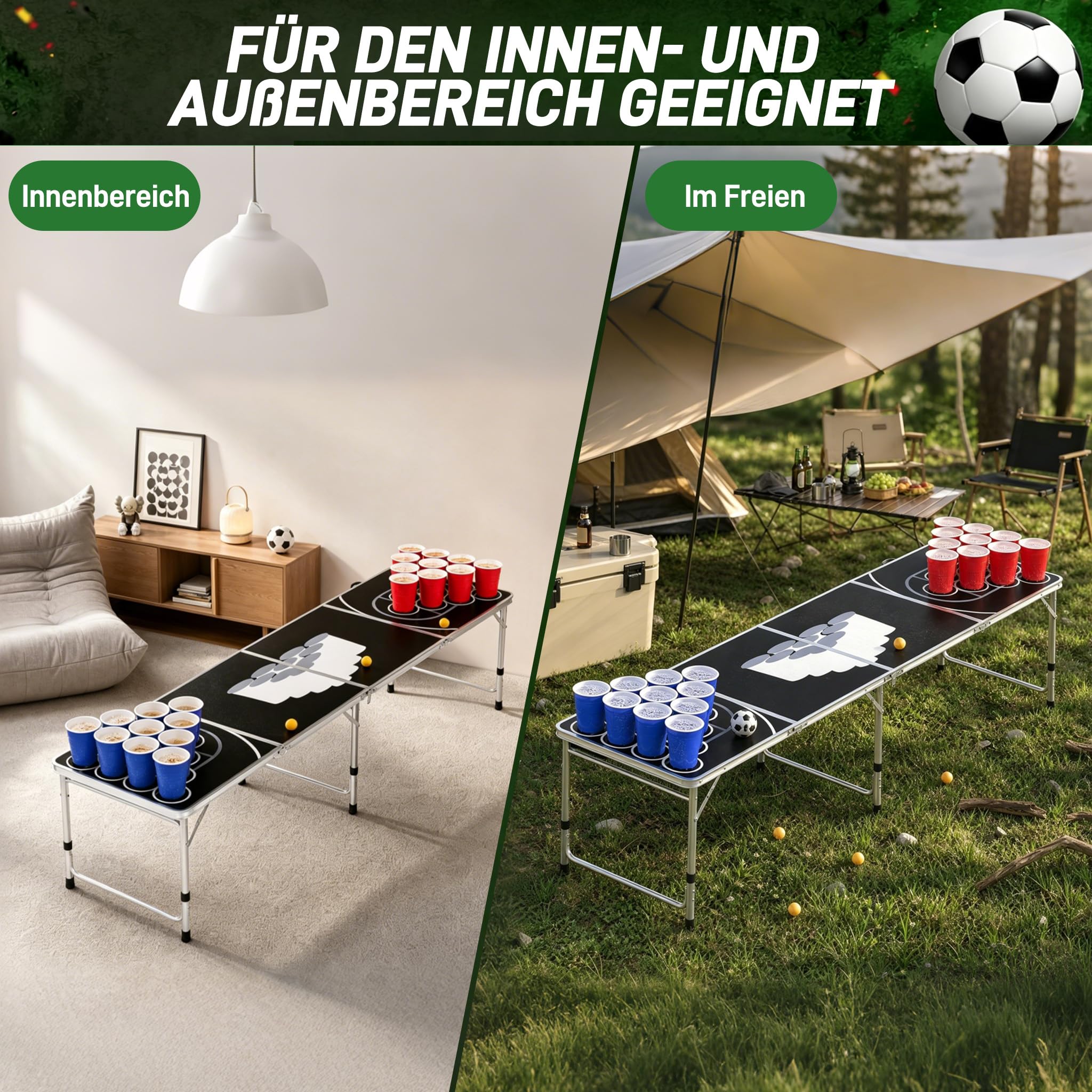 XMTECH Beer Pong - Juego de mesa para fiestas (incluye 100 vasos (50 rojos y 50 azules), 5 bolas, mesa plegable y regulable en altura, juego de fiesta