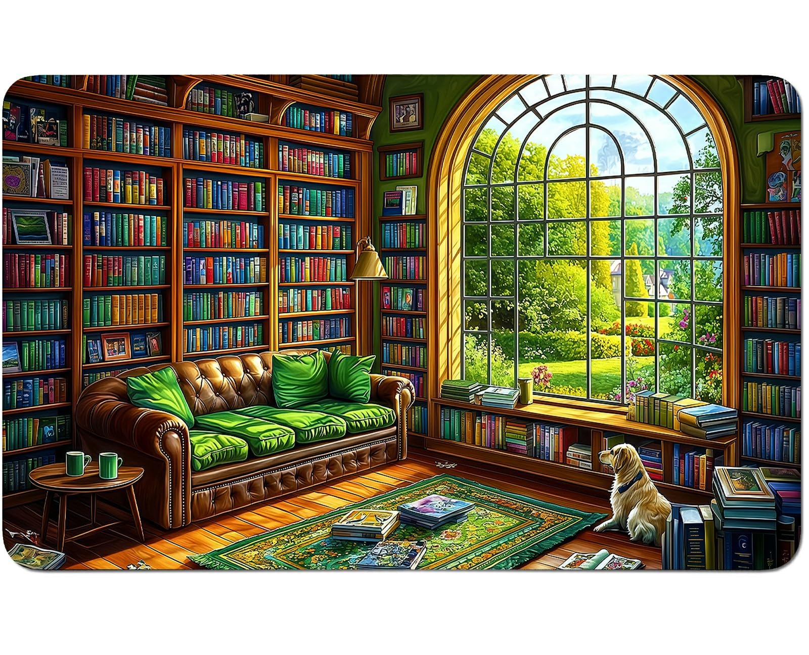 RWUTYTIUL Green Book Room for TCG Playmat 24 X 14 Inch with Play Zones, Stitched Card Game Mat for Commander Board MTG RPG CCG Desktop Tablet Mouse Pad for Enthusiasts Playing Accessories