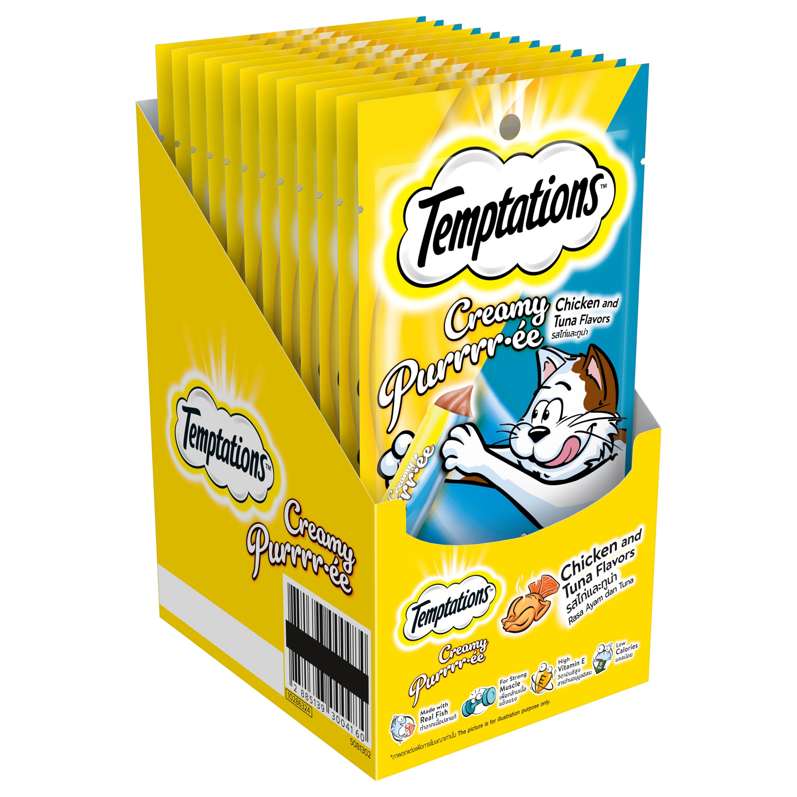 Temptations Creamy Purrrrr-ée Lickable Cat Treats, Chicken & Tuna Flavour, 48 G, (Pack of 12), Made with Real Fish, Goodness of Protein, Vitamins & Minerals, All Life Stages