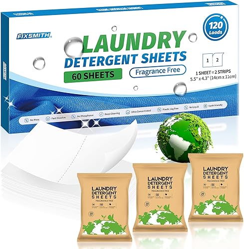 FIXSMITH Hojas de detergente para ropa  120 cargas (60 hojas) sin fragancia, hipoalergénicas, sin perfume, ecológicas, tiras de detergente