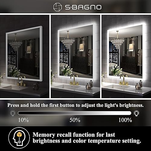 Miniatura 7 de S'bagno Espejo LED de 32 x 28 pulgadas para baño, 3 colores de luz, espejo de baño LED, antiniebla, Bluetooth, espejo de baño, brillo regulable,