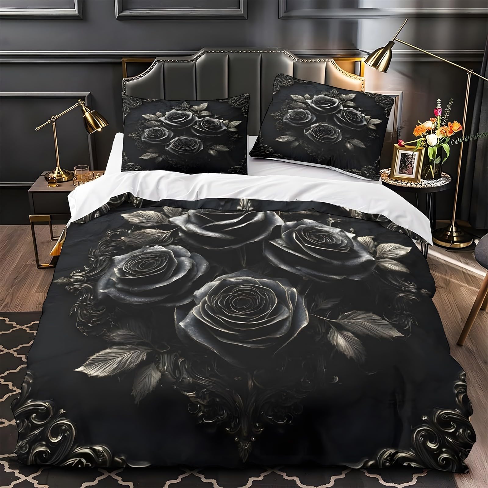 Ypthriline Super King Duvets Set Rose Bedding Set Microfiber Black Duvet Covers with Pillowcases Reversible Bedding With Zipper Closure 260x220CM
