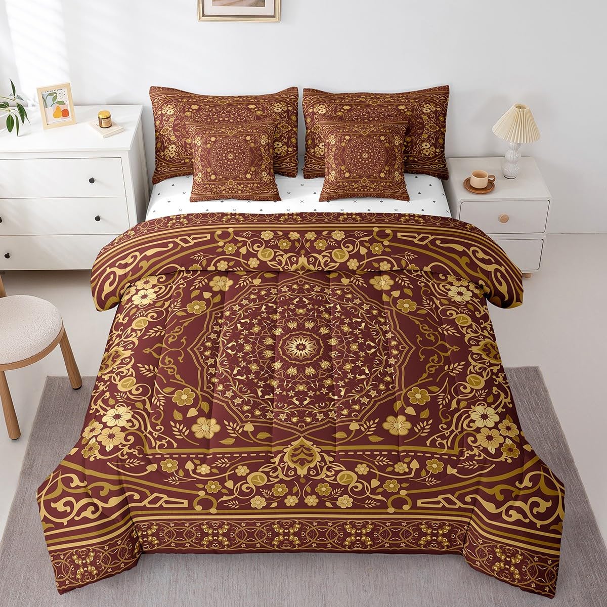Erosebridal Retro Floral 7 Pcs Comforter Set Full Tribal Exotic Bedding Set Boho Antique Fashion Retro Red Yellow Bed in A Bag Sheet Set Vintage Bohemian Fashion Duvet Set for Women Men