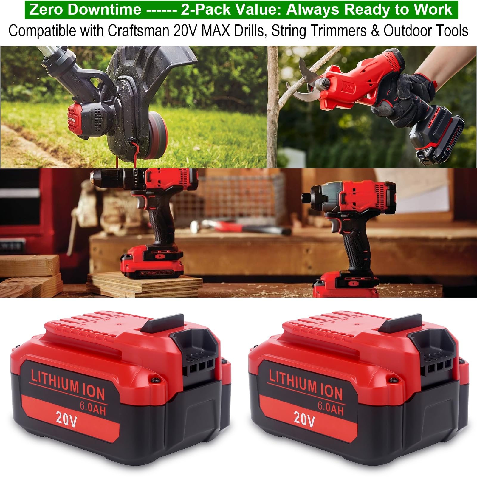 Batteria di ricambio aggiornata al litio da 6,0 Ah 20 V, compatibile con utensili da esterno senza fili Craftsman serie V20, compatibile con batterie Craftsman CMCB206, CMCB204, CMCB202 da 20 Volt MAX