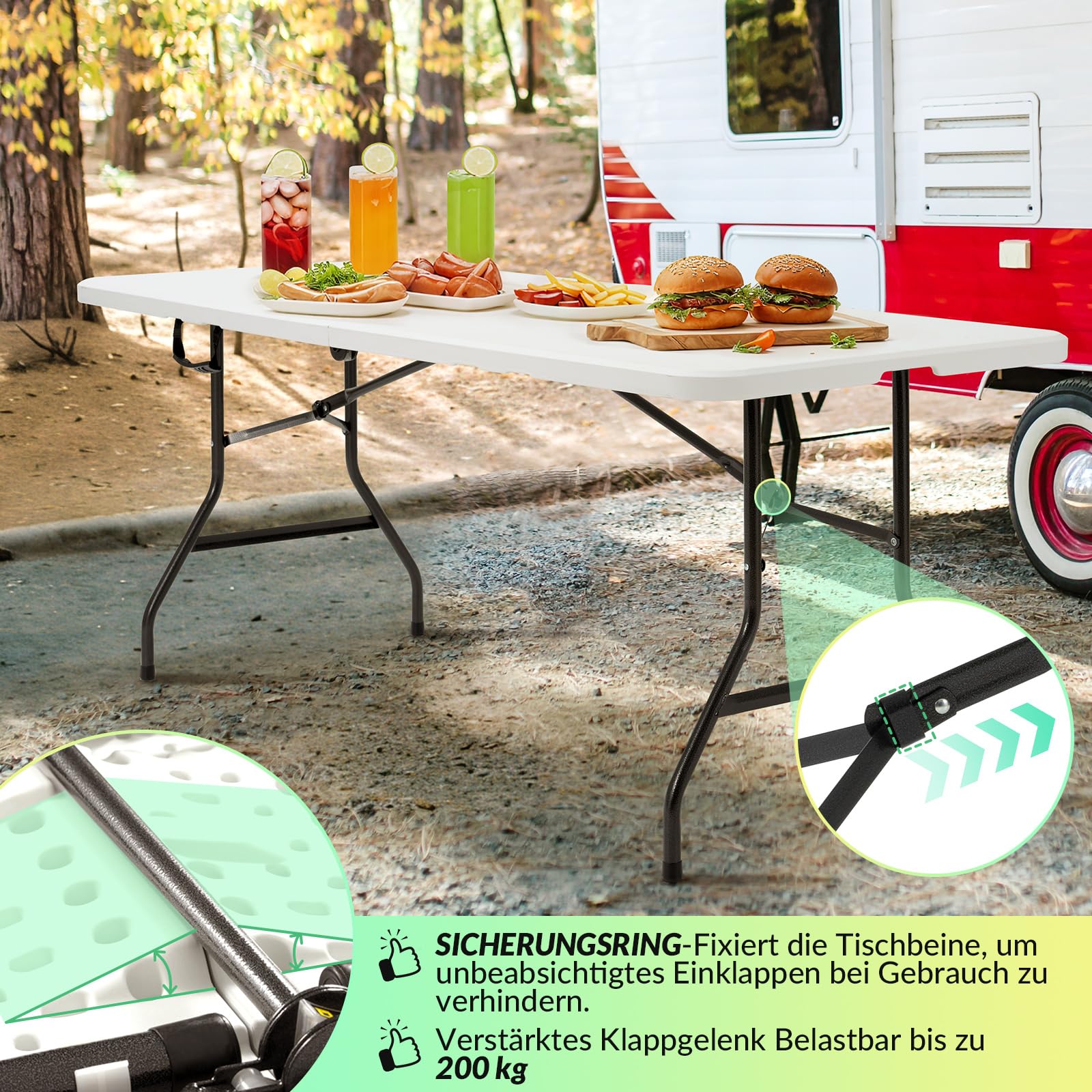 Velway Gartentisch Klappbar 180x74cm Buffettisch - Schneller Einsatz Klapptisch Stabil für 6-8 Personen Wetterfest Campingtisch Partytisch Flohmarkttisch mit Tragegriff für Garten Terrasse Balkon Weiß