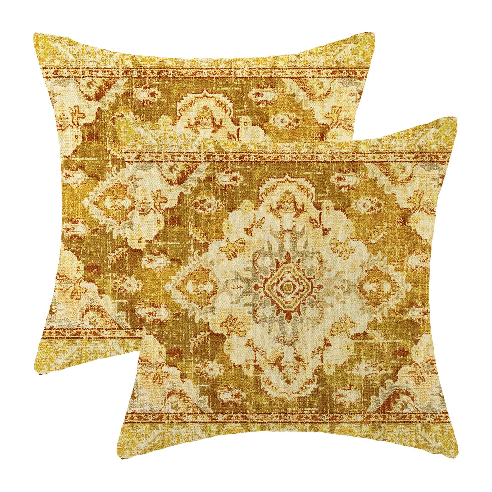 Yxuiyal Boho Pillow Covers 18x18 Set of 2 Yellow Vintage Carpet Throw Pillow Covers Outdoor Decoration Retro Bohemian Rug Pattern Decorative Pillowcase Farmhouse Linen Cushion Cover for Sofa Couch — image 1