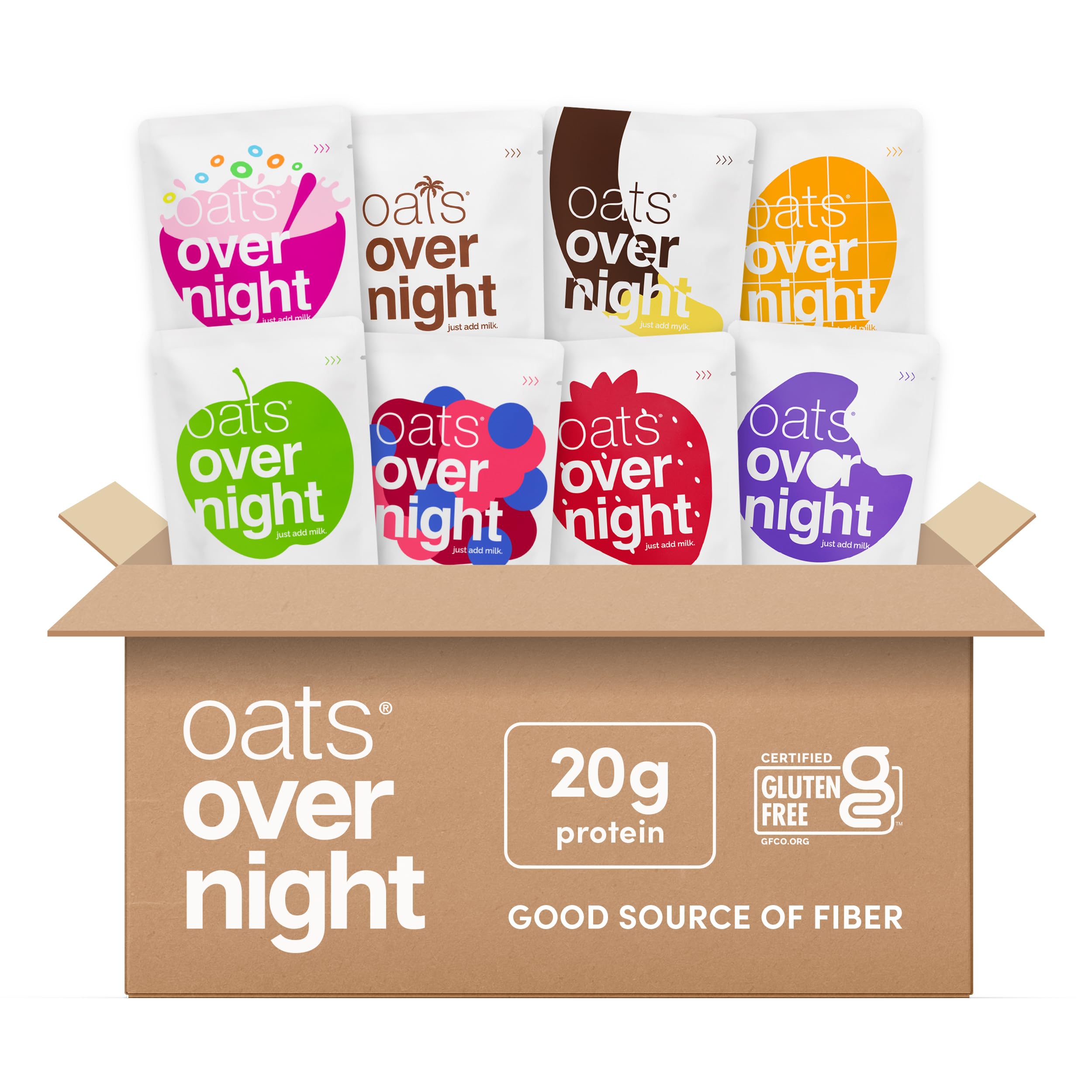 Oats Overnight Fruit Variety Pack - High Protein, High Fiber Breakfast Protein Shake - Gluten Free Oatmeal, Non GMO High Protein Oatmeal - Fruity Cereal, Chocolate Covered Banana & More (8 Pack)