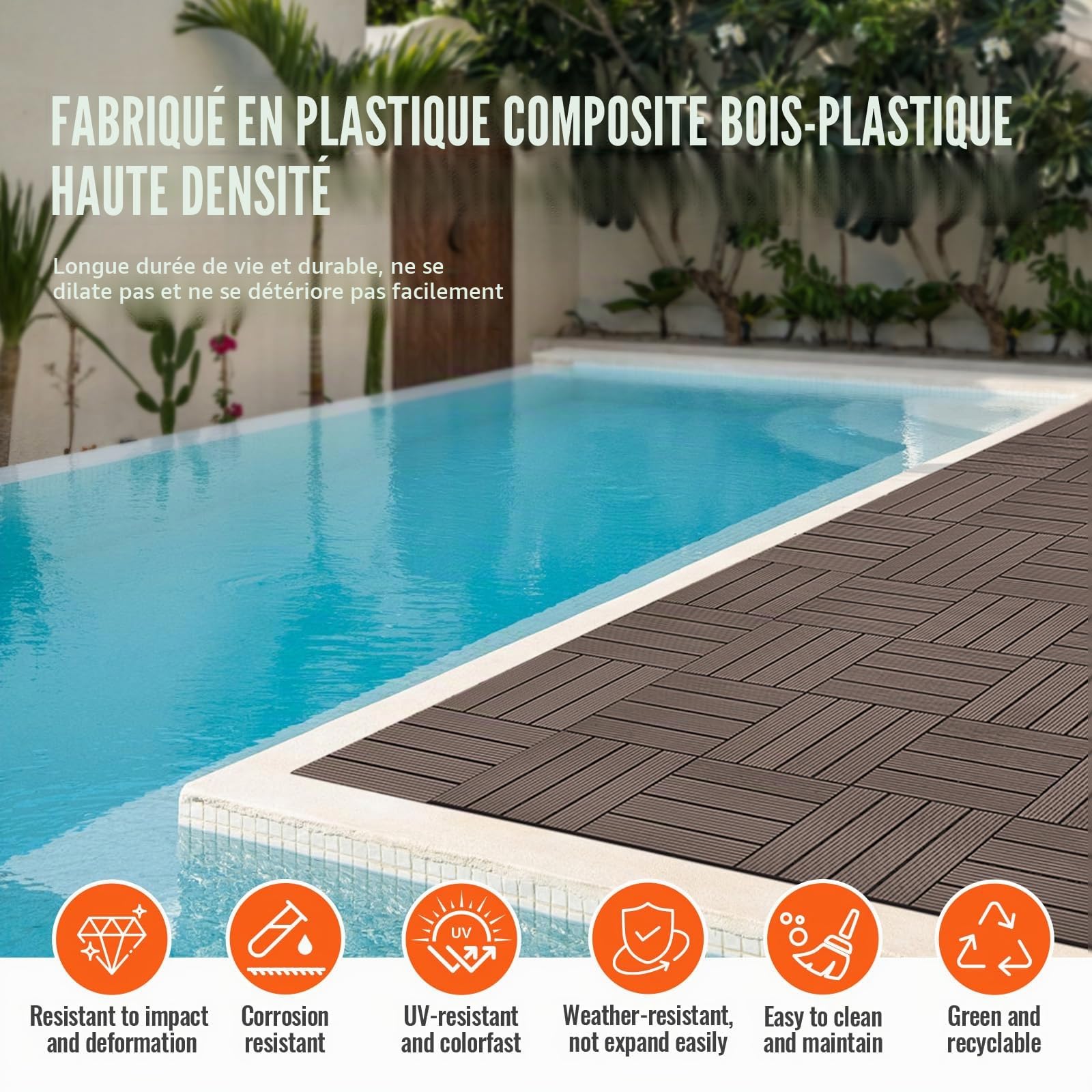 VEVOR Dalles de Terrasse Emboîtables, Lot de 10, Revêtement de Sol Plastique Bois WPC Imperméable, 300x300 mm, 9290 c㎡, Utilisation par Tous les Temps, pour Porche, Piscine, Balcon, Arrière-cour