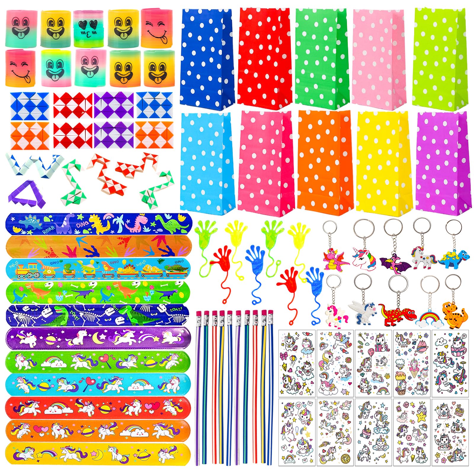 Unicorn Dinosaur Party Bag Fillers for Kids- 80 Party Favours including bendy pencils snap bracelets magic snakes, Give Away Girls Boys for Pinata Fillers Birthday Toys Favours Class Rewards