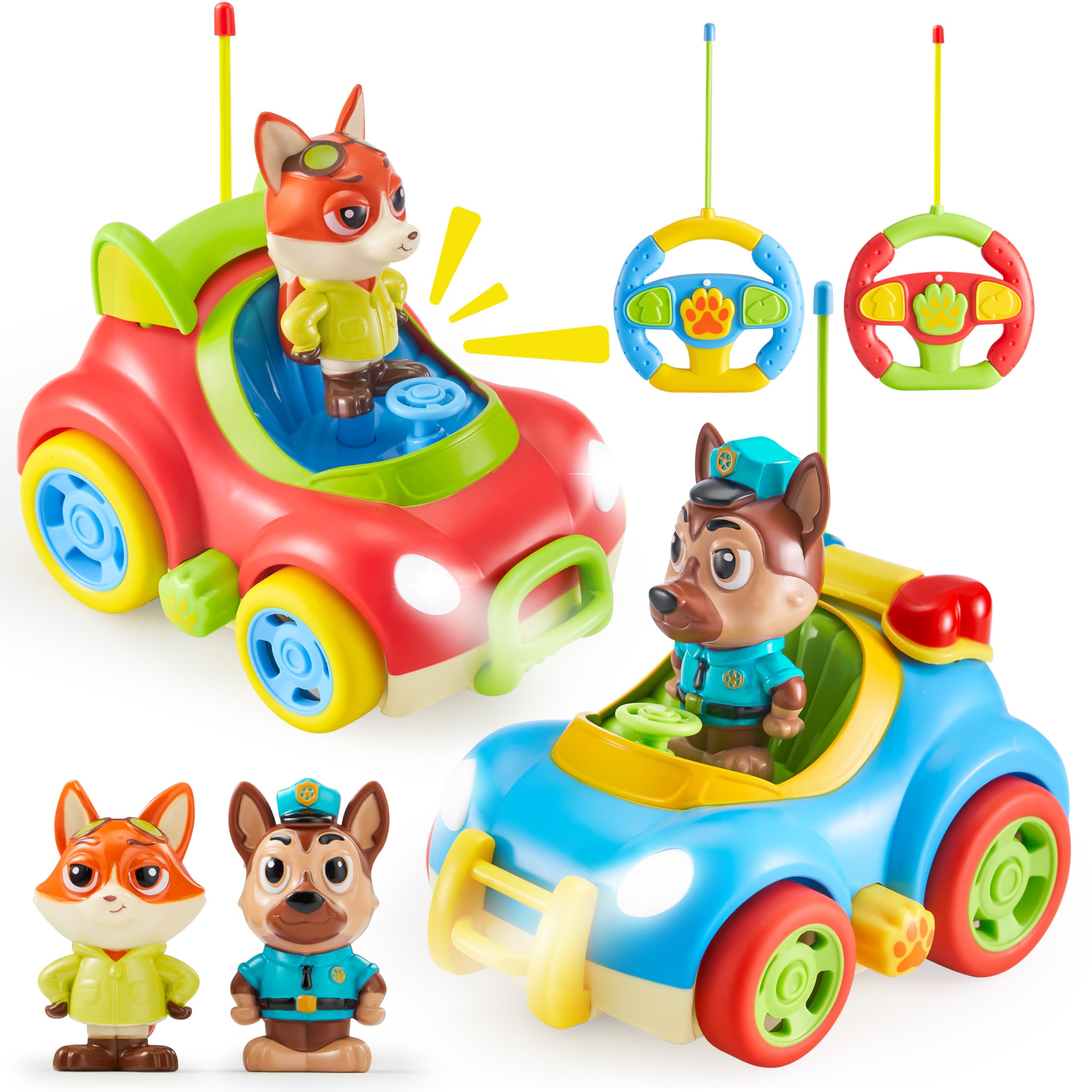 lalalark Remote Control Car for Toddlers, 2 Pack RC Cars with Figure Bump & Ejection Play, Kids Cartoon Toys with LED Lights, Music, Volume Control, Christmas Birthday Gift for Boys & Girls