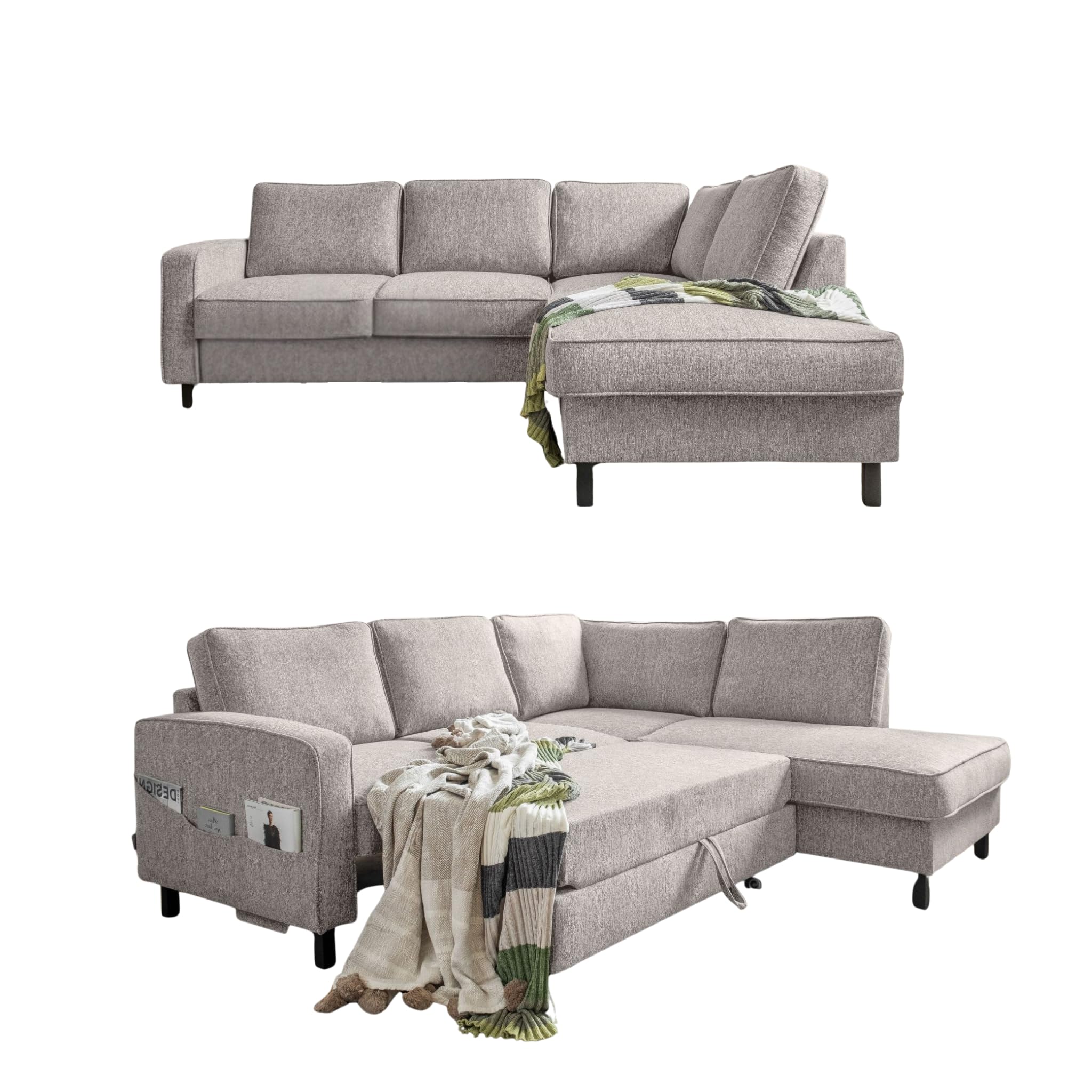 MIUFORM Molly L, 6 Sitzer Ecksofa mit Schlaffunktion, Rechts, Salz&Pfeffer