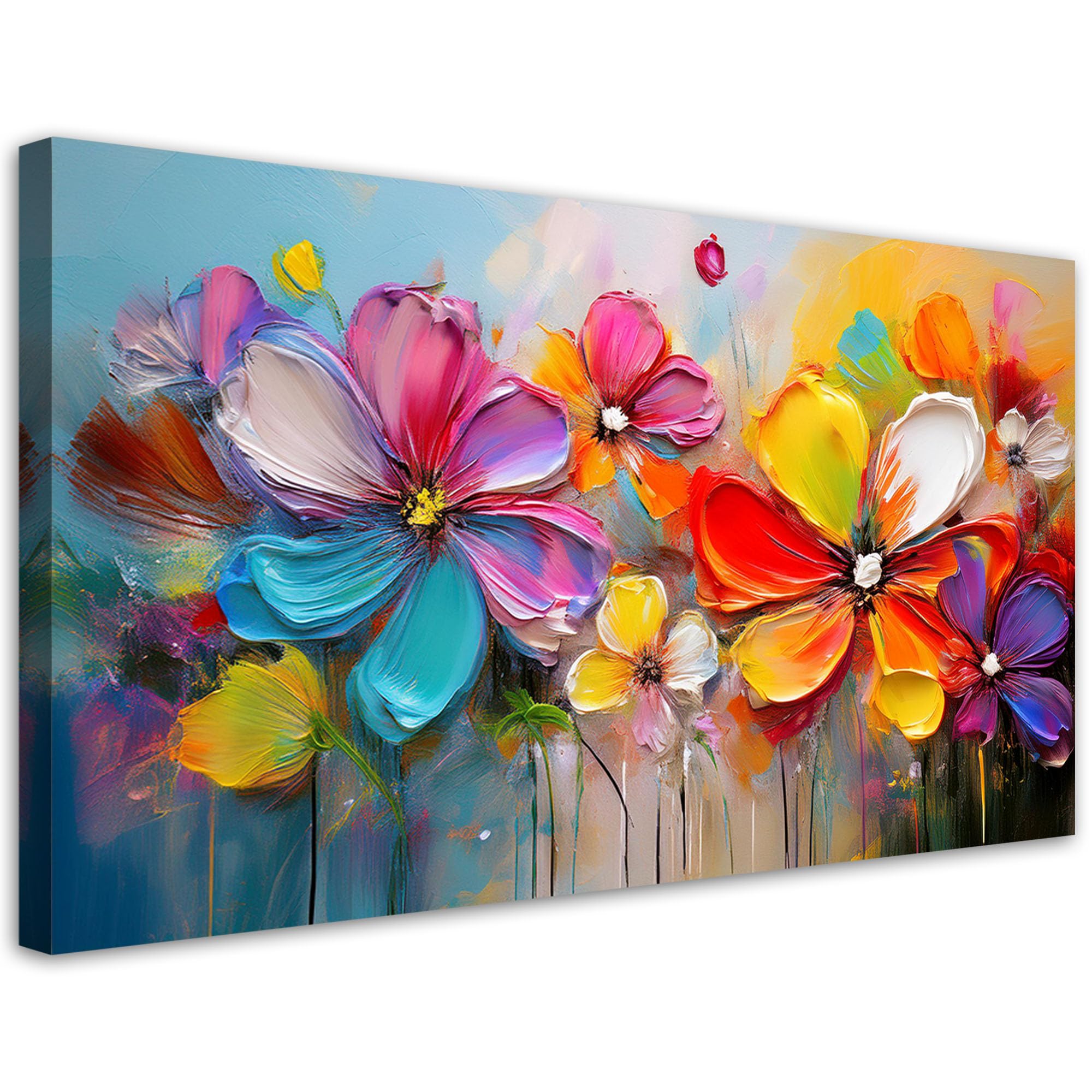 Feeby - Tableaux Decoratifs - Tableau Salon Grand Format - Fleurs abstraites pastel colorées - 100x50 1partie - Tableau Decoration Murale - Toile Imprimée - Impression sur Toile Peinture