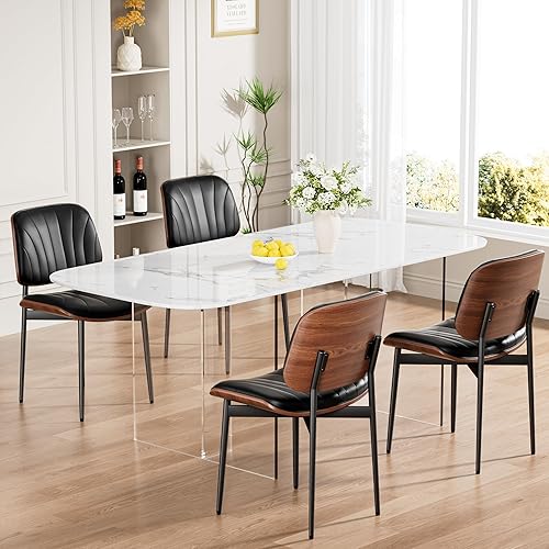 Miniatura 4 de Juego de 2 sillas de comedor, modernas sillas tapizadas de piel sintética de mediados de siglo con respaldo de madera curvada de nogal y patas de