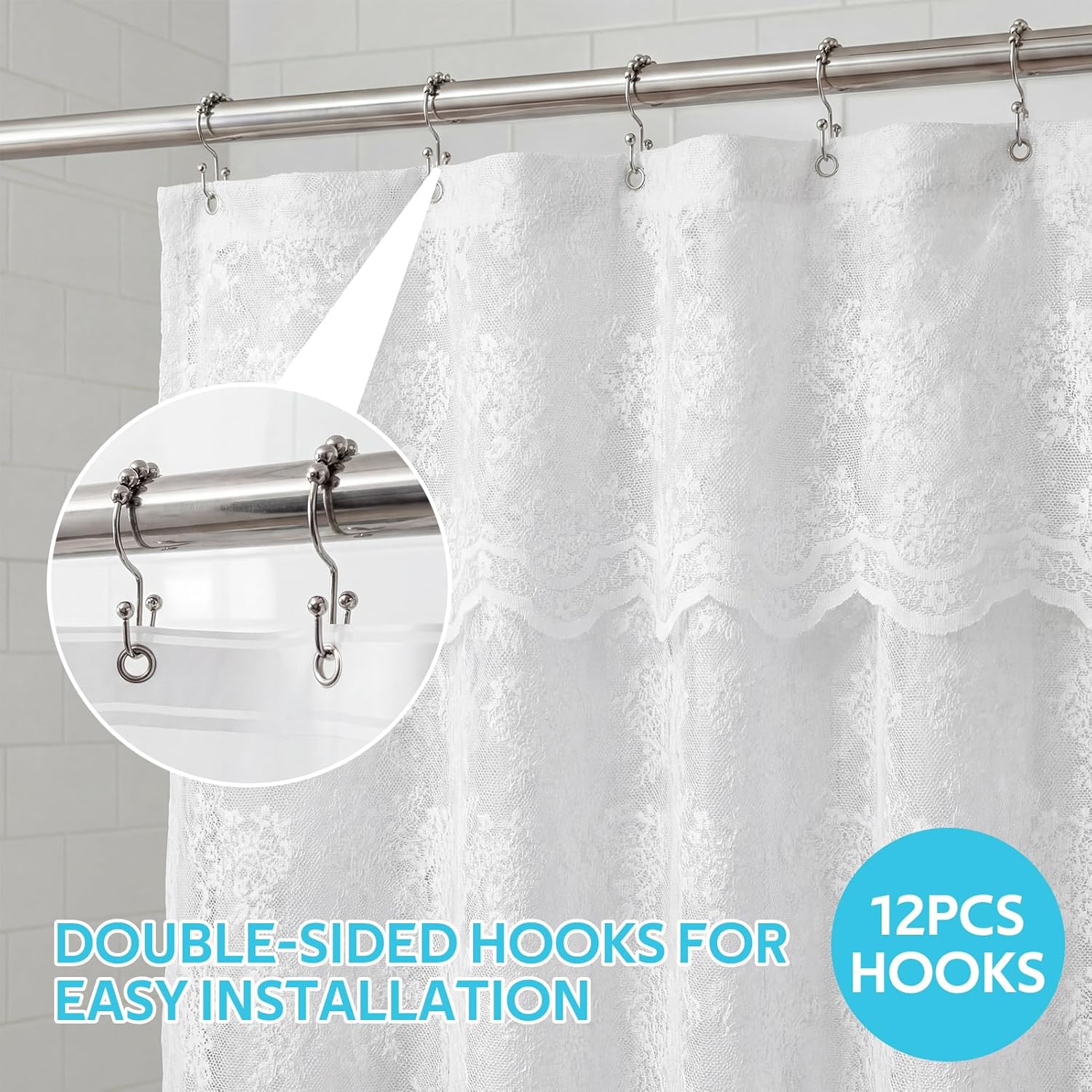 Lace Shower Curtain with Liner Set, White 3-in-1 Shower Curtain with Attached Valance, Floral Vintage Sheer Scalloped French Country Bathroom Decor, Includes 12 Stainless Steel Hooks, 72 x 72