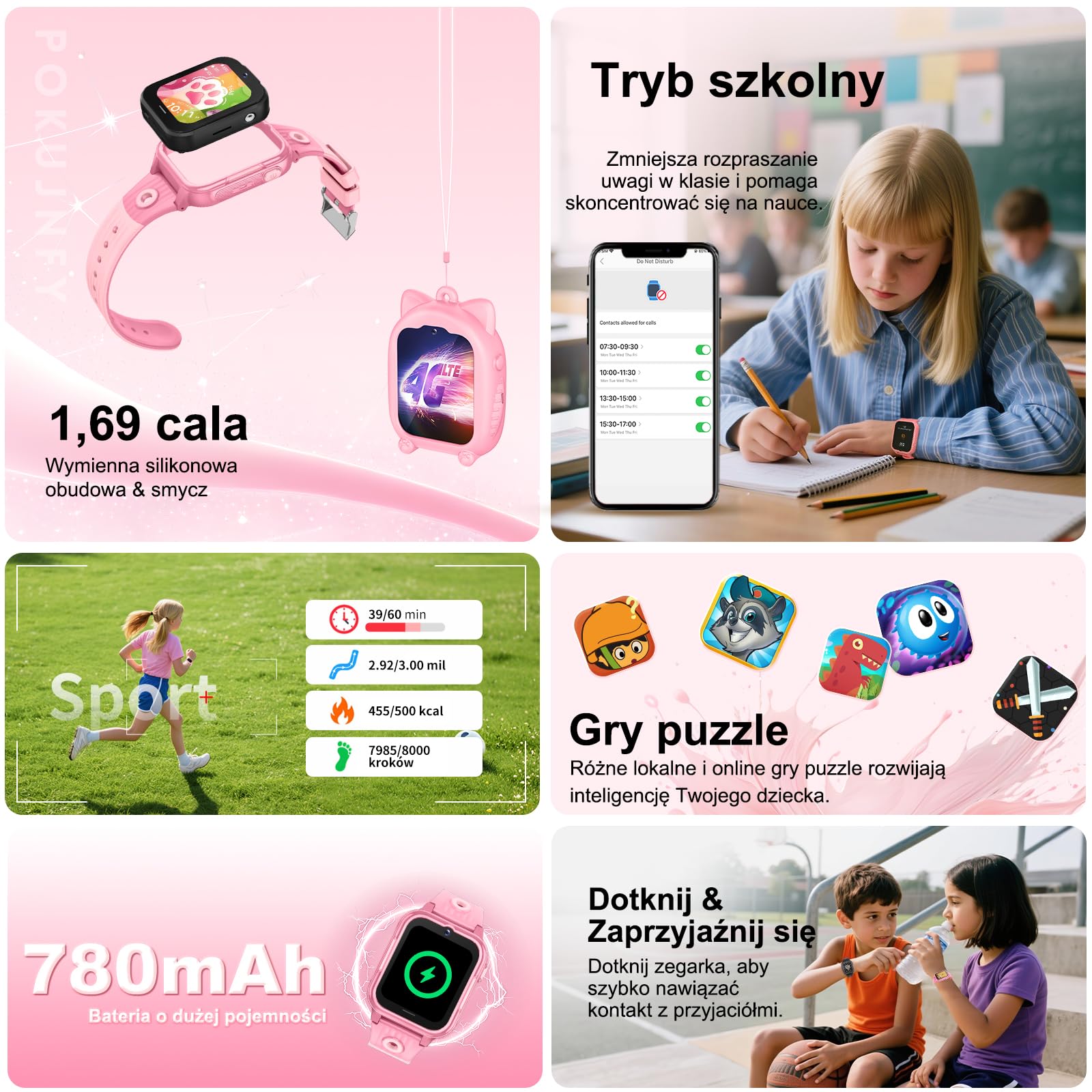 4G smartwatch dla dzieci z GPS wideorozmów SOS WhatsApp grami aparat krokomierzem trybem szkolnym budzikiem wodoodporny cyfrowy zegarek na prezent dla dziewczynek chłopców w wieku