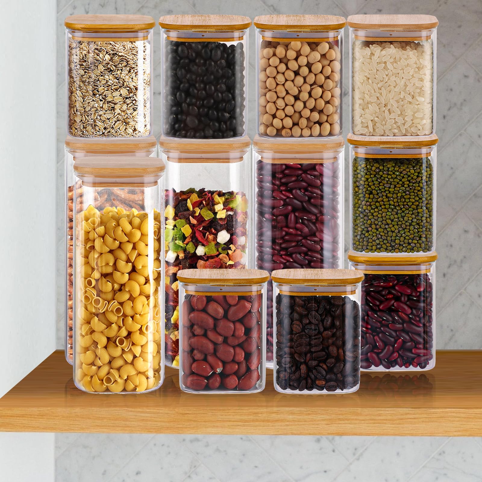 Confezione da 12 barattoli in vetro con coperchi in bambù, contenitori da cucina con coperchio, ermetici, per spezie, caffè, tè, zucchero, organizzazione della cucina, 600 ml, 1200 ml