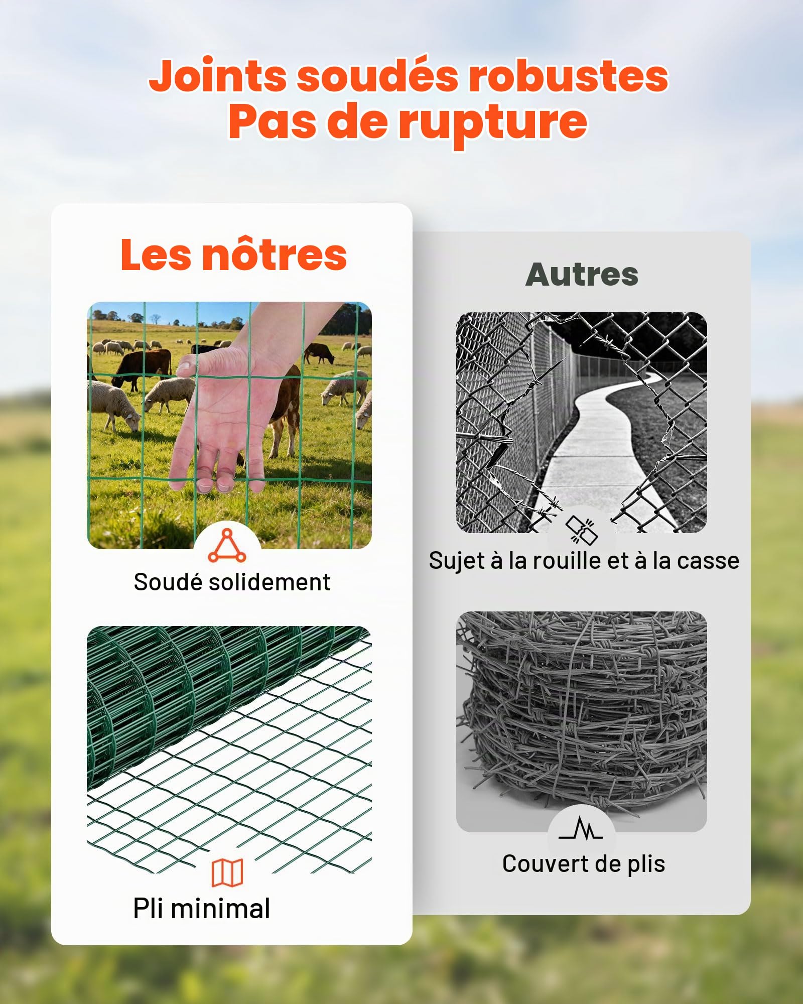VEVOR Grillage Métallique Vert Maille 5 x 10 cm Rouleau Grillage Clôture à Mouton Soudé 1 x 25 m Fil en Fer Galvanisé Revêtement Vinyle PVC Diamètre Fil 2,1 mm pour Jardin Enclos Cage Animaux Ranchs