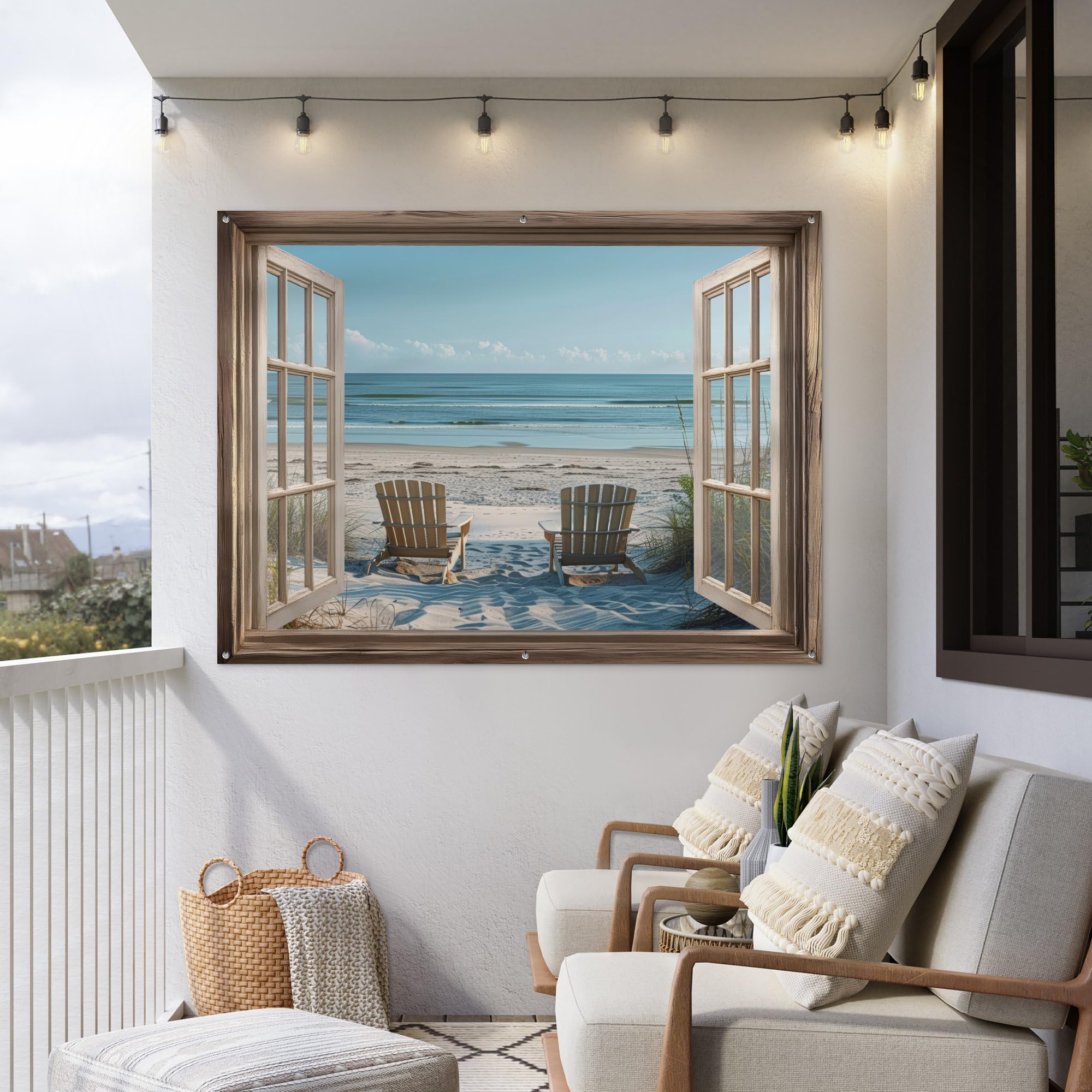 MuchoWow© Gartenposter Outdoor Bilder Gartendeko für draußen Wetterfest | 160x120 cm - Garten Deko Banner Draußen Bild Garden Decoration Fensterblick - Strand - Dünen - Meer - Natur