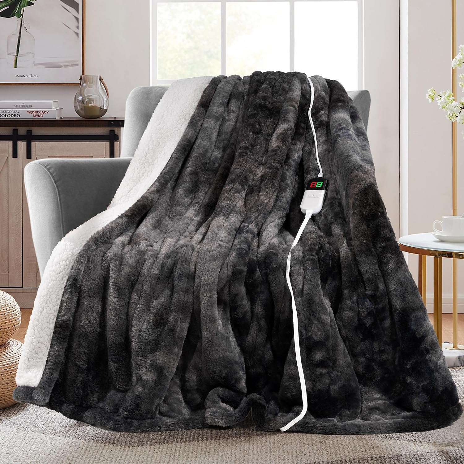 Heizdecke mit Abschaltautomatik – 180x130cm Tie-Dye Wärmedecke aus Fleece, 6 Heizstufen & 1-12h Timer, CE-Zertifiziert, waschbar, Schnellheizung für Couch, Bett & Büro, Anthrazit-Muster