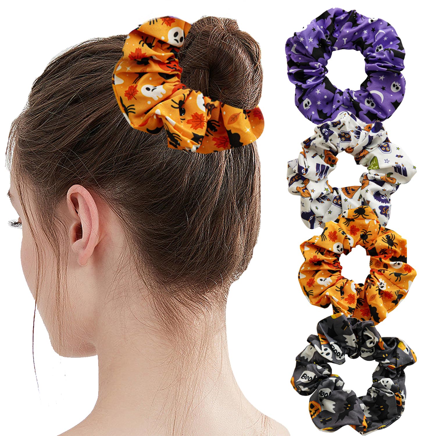 Halloween Hair Ties Pumpkin Head Spider Web Bat Skull Head Candy for Women Girls Ghost Hair Scrunchies Elastics Hair Bands Cartoon Spider Bat Halloween Accessories for Women Girls 4Pcs
