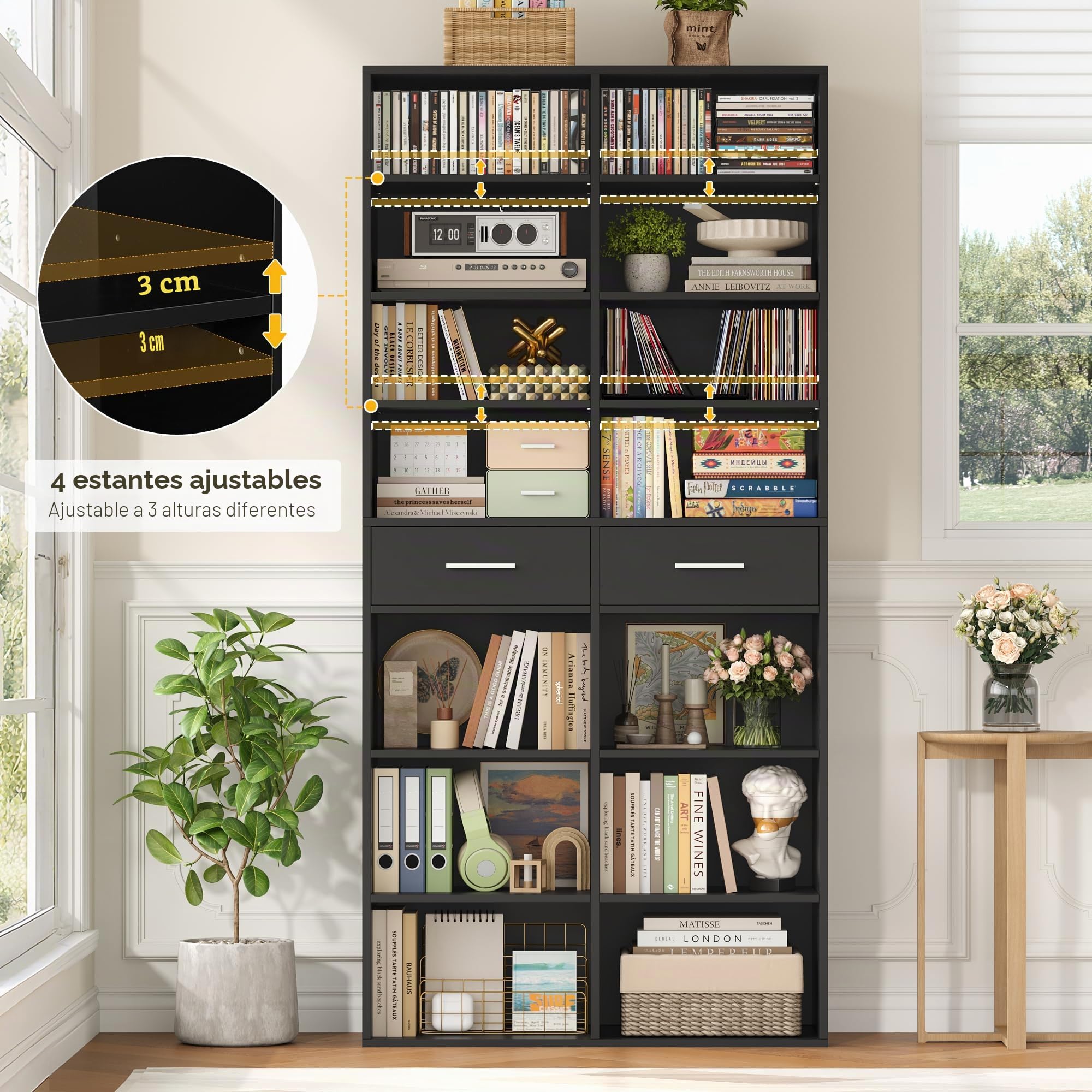 HOCSOK Estantería de 185,5 cm de alto con 2 cajones, estantería de 8 niveles, estantería de almacenamiento abierta para estudio, oficina, salón, dormitorio, color negro