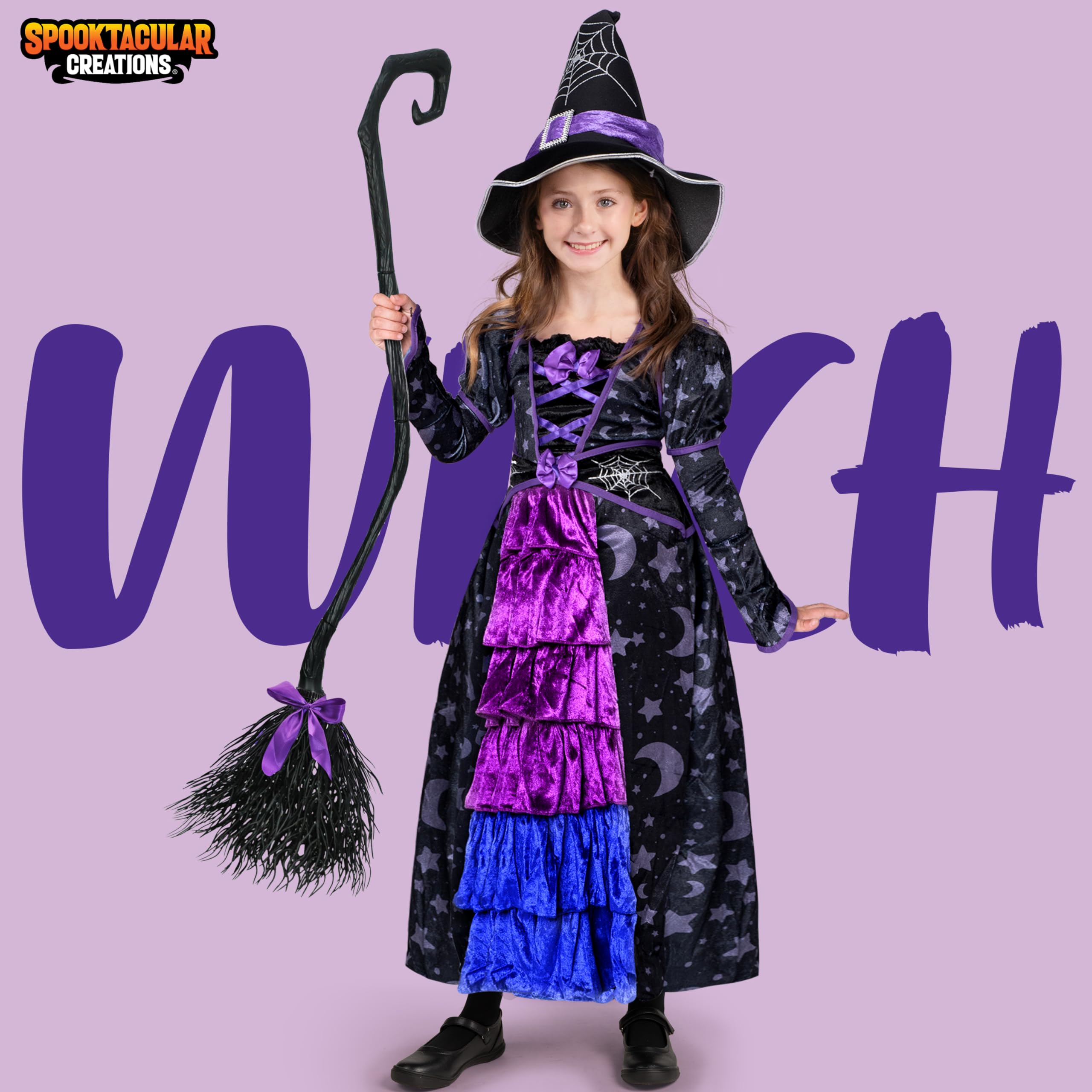 Spooktacular Creations Halloween Child Girl Purple Witch Costume, Toddler Stars and Moon Witch Dress for Kids Halloween Pretend Play Parties (Small (5-7 yr))