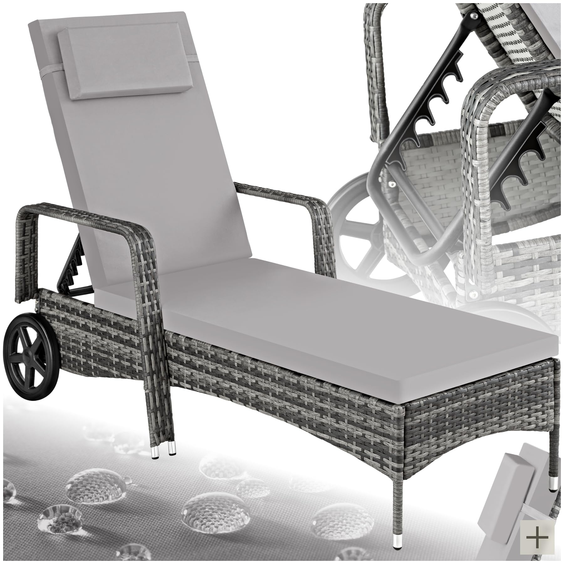 Lettino Prendisole In Rattan TecTake - Schienale Regolabile 5 Posizioni, Cuscino Incluso | Portata 150 Kg - Foto 9