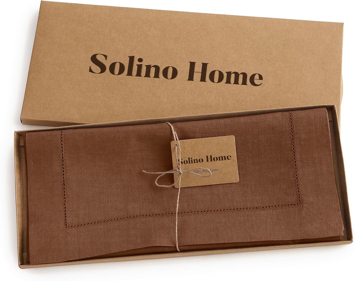 Solino Home Linen Brown Table Runner 108 Inches Long - 100% Pure Linen 14 x 108 Inch Table Runner for Mothers Day - Classic Hemstitch