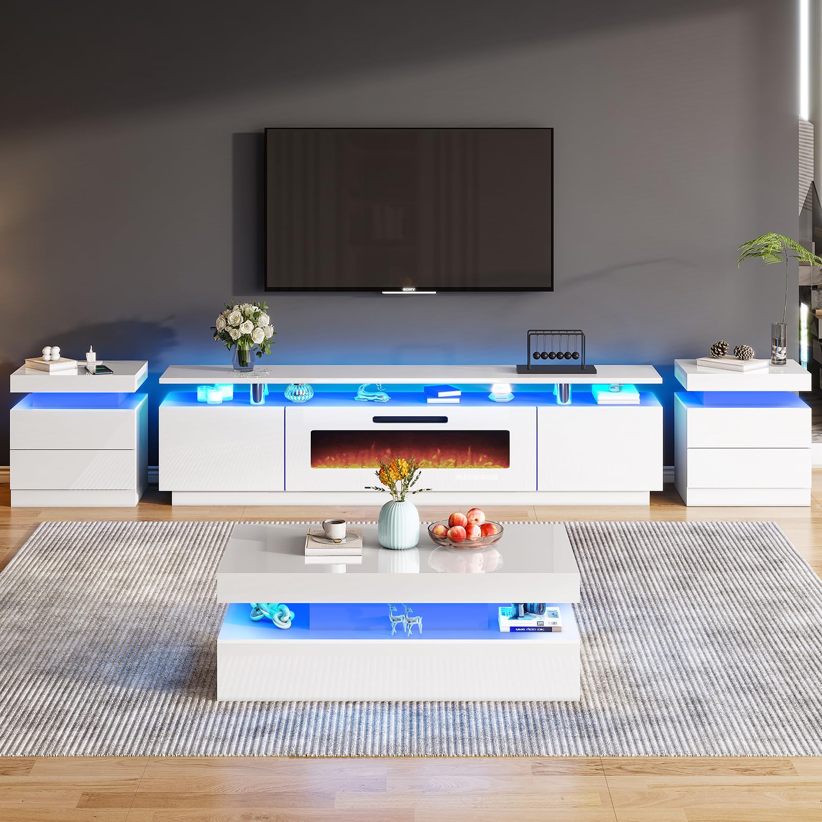 LUXOAK Juego de 2 mesitas de noche brillantes con LED y estación de carga, modernos armarios de noche con 2 cajones, mesa auxiliar blanca para dormitorio y salón, 58 x 40 x 35 cm