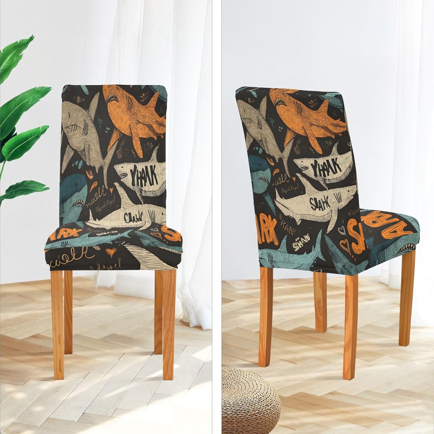 ALAZA Chair Covers for Dining Room, Line Shark Pattern Stretch Chair Cover Sets Chair Protector Removable Washable for Ktichen Restaurant Hotel