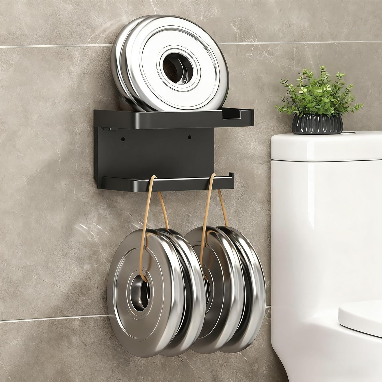 Toilet Paper Holder with Shelf, Fits Mega Rolls, Self Adhesive Wall Mount Toilet Paper Roll Holder, Ideal for Bathroom, Washroom, Kitchen, RV(Matte, Black