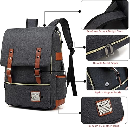 Miniatura 4 de UGRACE - Mochila vintage para portátil con puerto de carga USB, elegante mochila de viaje resistente al agua, mochilas casuales para hombres y