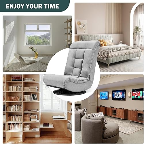 Miniatura 8 de Avocahom Silla de suelo giratoria de 360 con respaldo ajustable de 6 posiciones, cojín suave, silla de piso plegable gris, soporta hasta 330 libras,