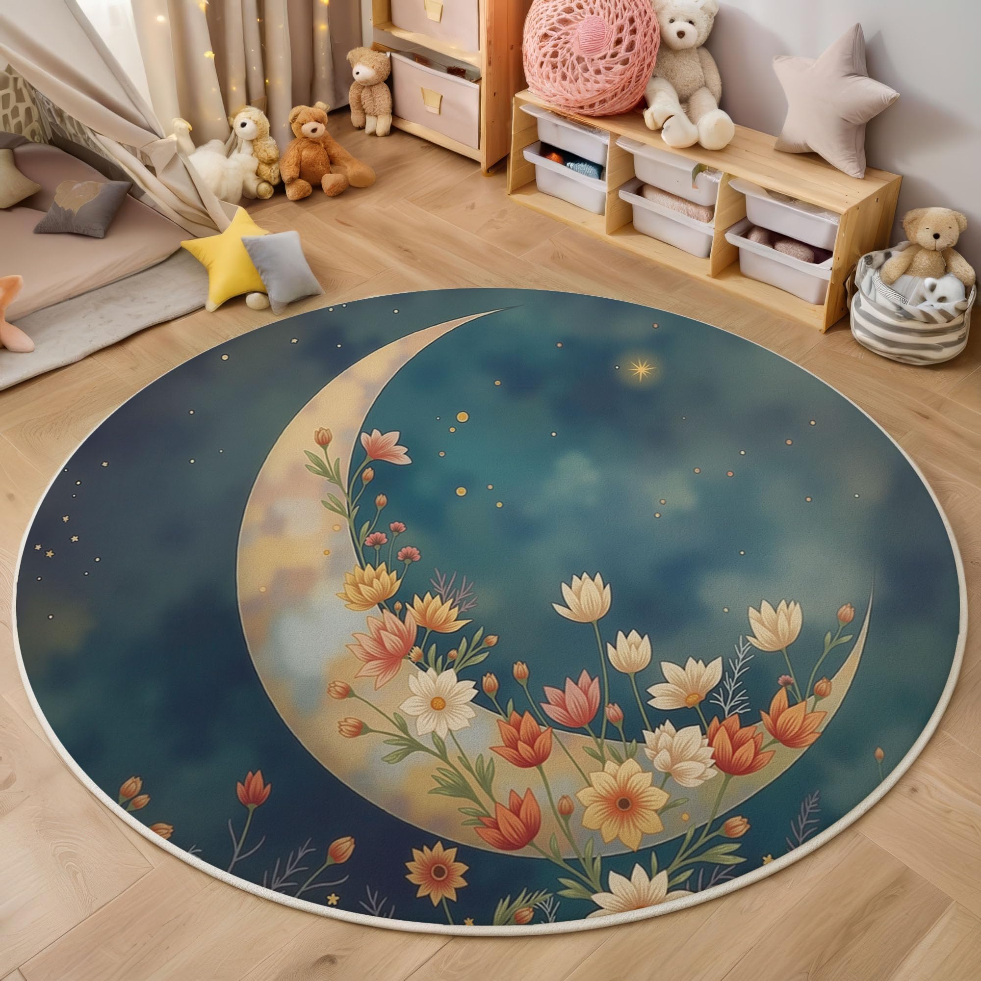 Tapis Rond 120cm, Lune Fleurs Ciel Étoilé Imprimé Décoration Antidérapant Bleu Rêveur Romantique Tapis de Sol, pour Salon Chambre Cuisine Balcon Terrasse Salle à Manger - Facile À Nettoyer