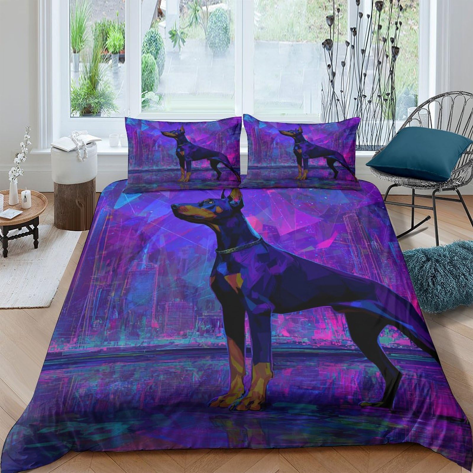Ctjqhvkz Style-9 3D Printed Purple Doberman Fitted Sheet Microfiber Soft Mattress Cover For Bedroom Decor Dorm Room Protection Single（135X200cm）