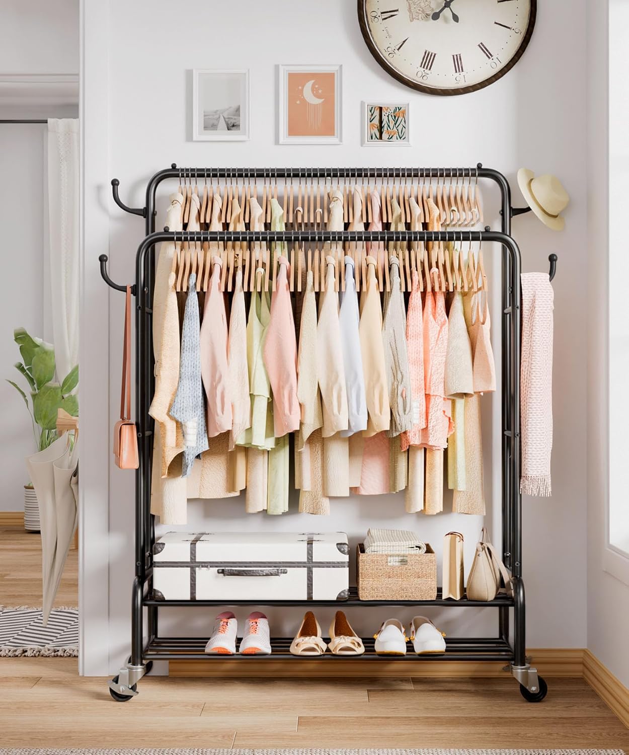 Homde Heavy Duty Clothes Rack: 265lb Double Rod Garment Hanging for Indoor - Rolling Coat Organizer Storage for Laundry Bedroom - Dress Shirt Closet Display on Wheels with Shelf (Black，44")