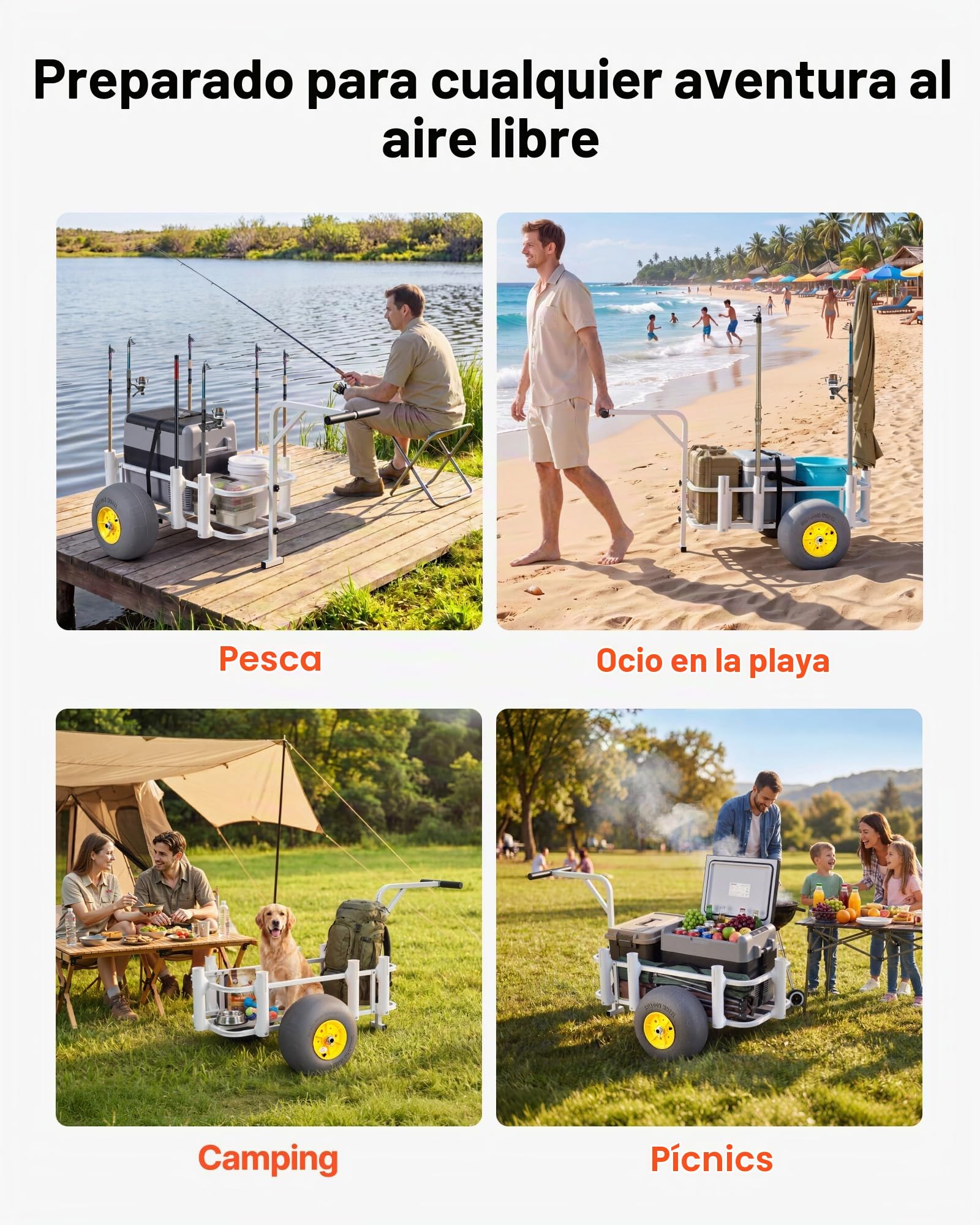 VEVOR Carro de Pesca para Playa con Ruedas Inflables de PU 330mm Portacañas
