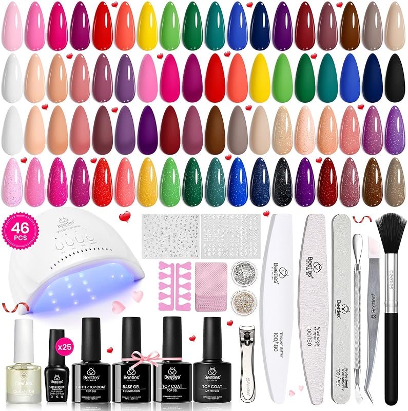 Kit de esmalte de uñas de gel Beetles con luz U V, kit de esmalte de gel de 46 piezas de 25 colores | Base brillante mate brillo capa superior esmalte de uñas rojo verde marrón azul rosa desnudo hogar salón manicura Kit regalos para mujeres