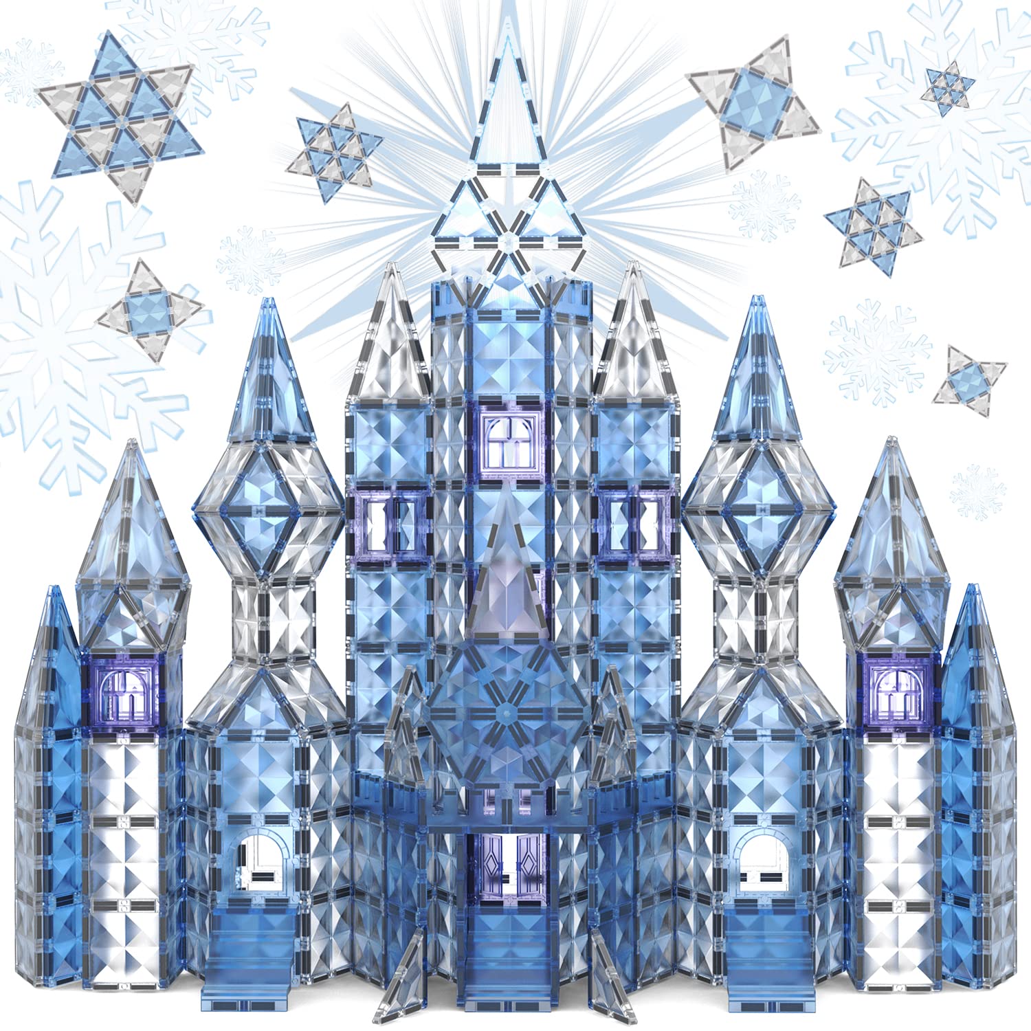 100-Piece Magnetic Tiles Frozen Ice Castle Building Set Pretend Play Princess Toys for Toddlers Kids Creative Magnet Toys Learning Activities Sensory Toy Gifts for 3+ Year Old Boys Girls