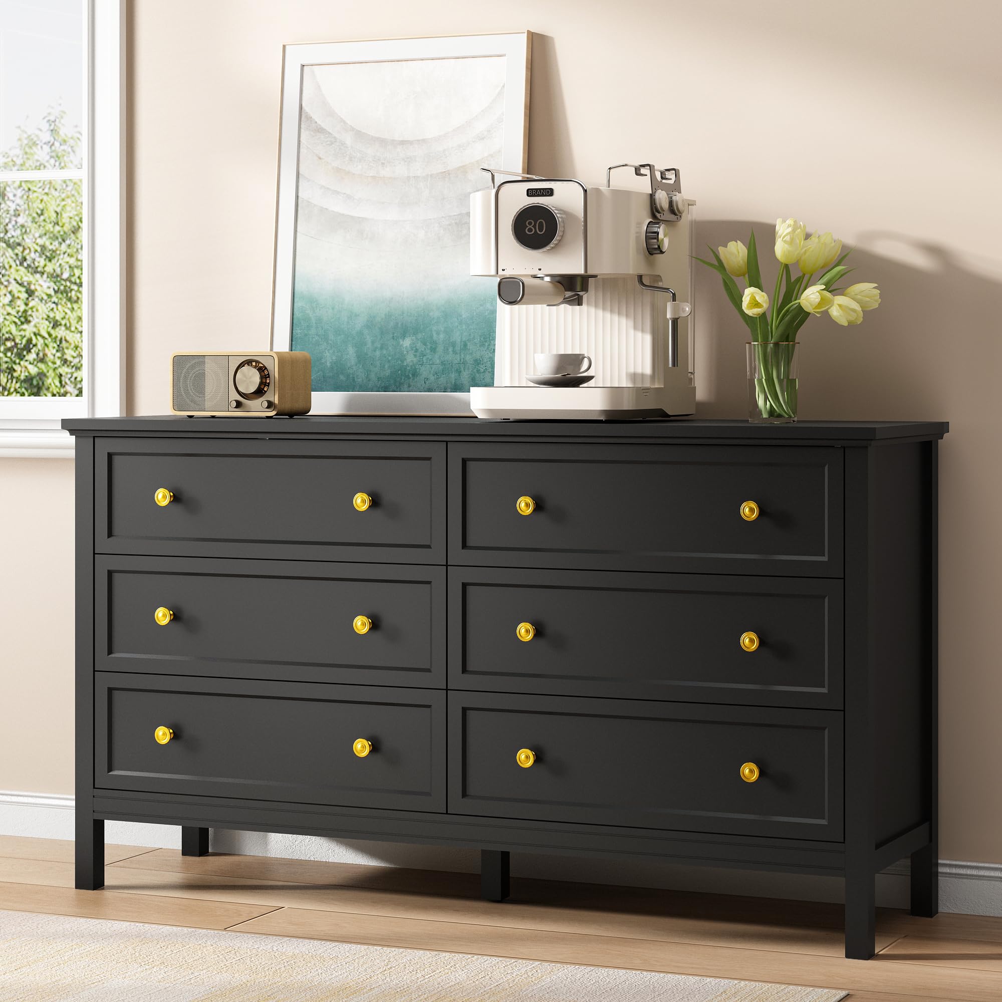 Tradare 55'' Black Dresser with 6 Drawers for Bedroom, Wood Dressers Elegant Modern Chest of Drawer with Gold Handles Wood Legs, Large Storage Dresser for Living Room, TV Stand, Entryway
