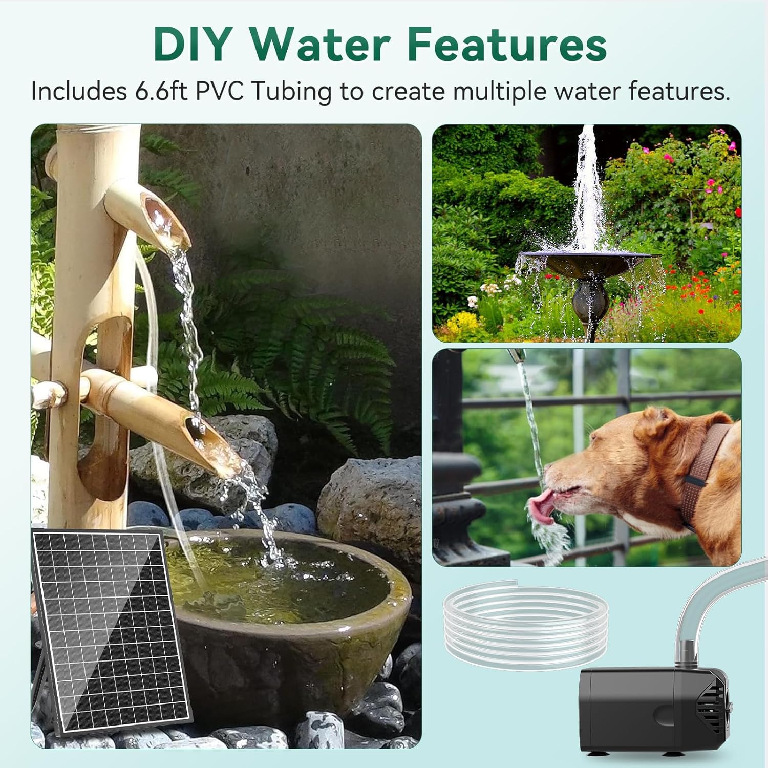 Antfraer 25W Solar Pond Pump, 320GPH Adjustable Flow Solar Fountain Pump with 7 Spray Modes, 16.5FT Cord & 6.6FT PVC Tubing for Fish Ponds, Garden Waterfalls, Hydroponics & DIY Water Features