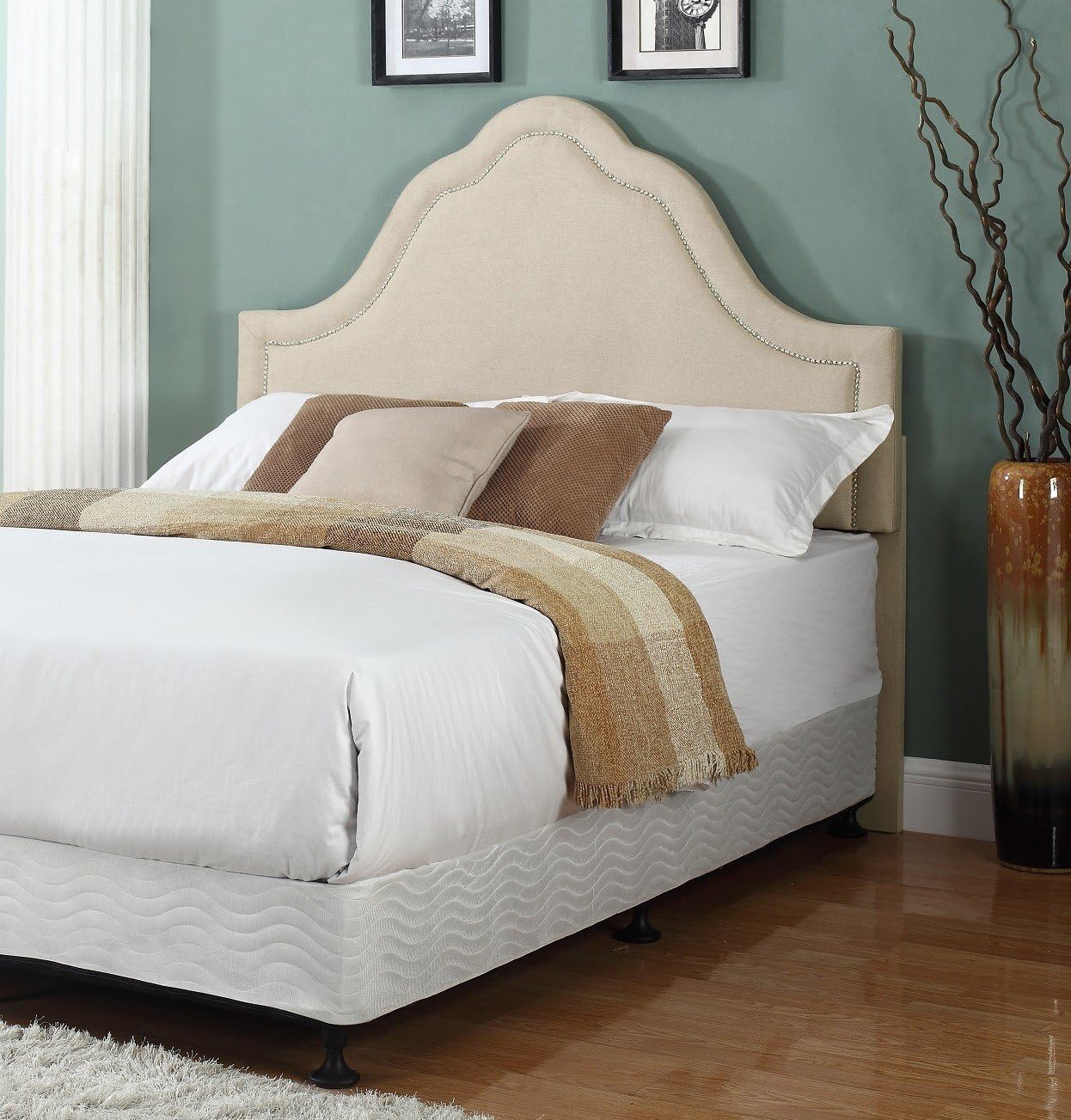 Container Furniture Direct Dalton Collection Modern Linen Fabric Upholstered Bedroom Headboard with Nailhead Trim, Beige