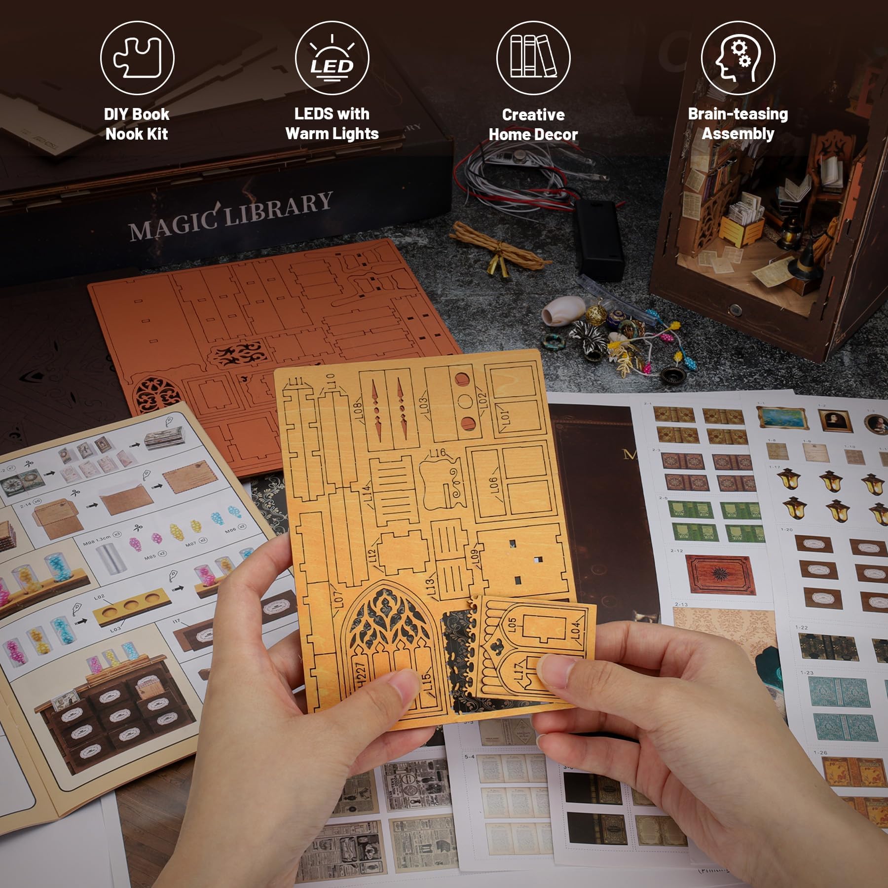 CSYY Book Nook Kit, DIY Maison de Poupée Miniature Kit de Maison avec Meubles en Bois et Lumière LED Monde Magique