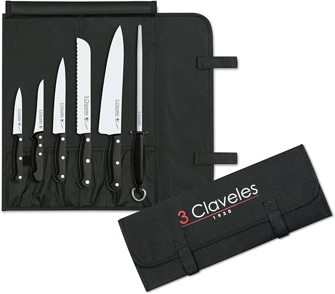 3 Claveles Juego, 5 Cuchillos + Chaira + Estuche de Transporte, Línea Uniblock, Acero Inoxidable, Negro, 0 cm