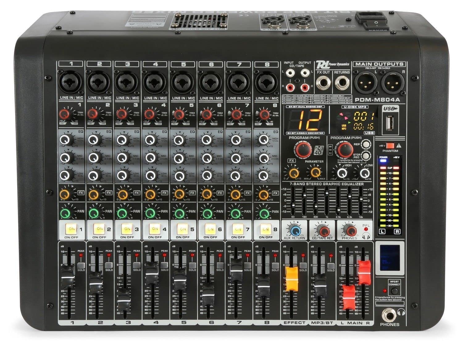 Power Dynamics PDM-M804A Table de Mixage Amplifiée 8 Canaux, Console DJ Professionnelle, Sonorisation Pro, DSP 24 bits, 16 Effets, USB MP3 Bluetooth, Egalisateur 7 Bandes, Micro/Casque, Ampli 2x220W